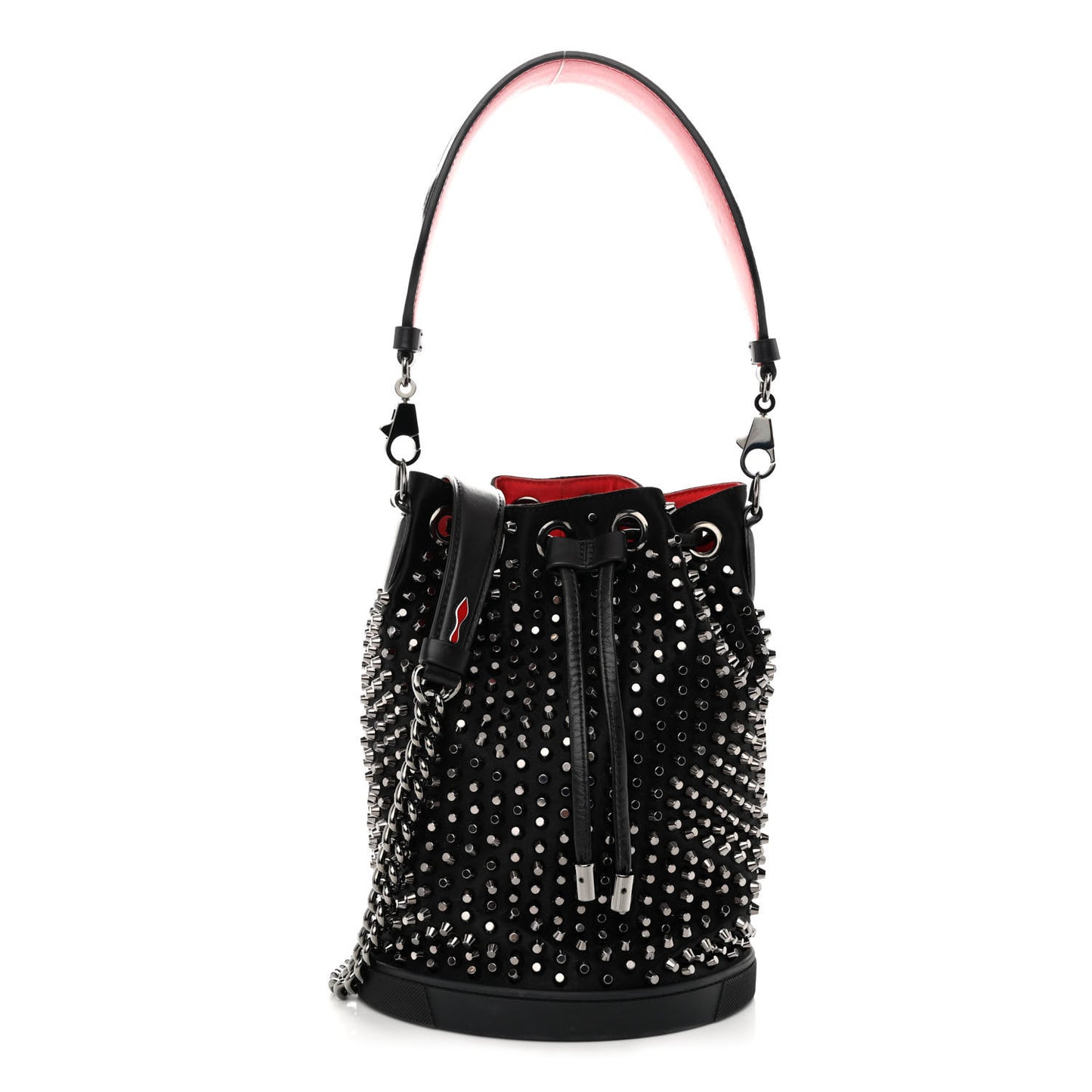Silk Satin Calfskin Marie Jane Loubirun Studded Bucket Black