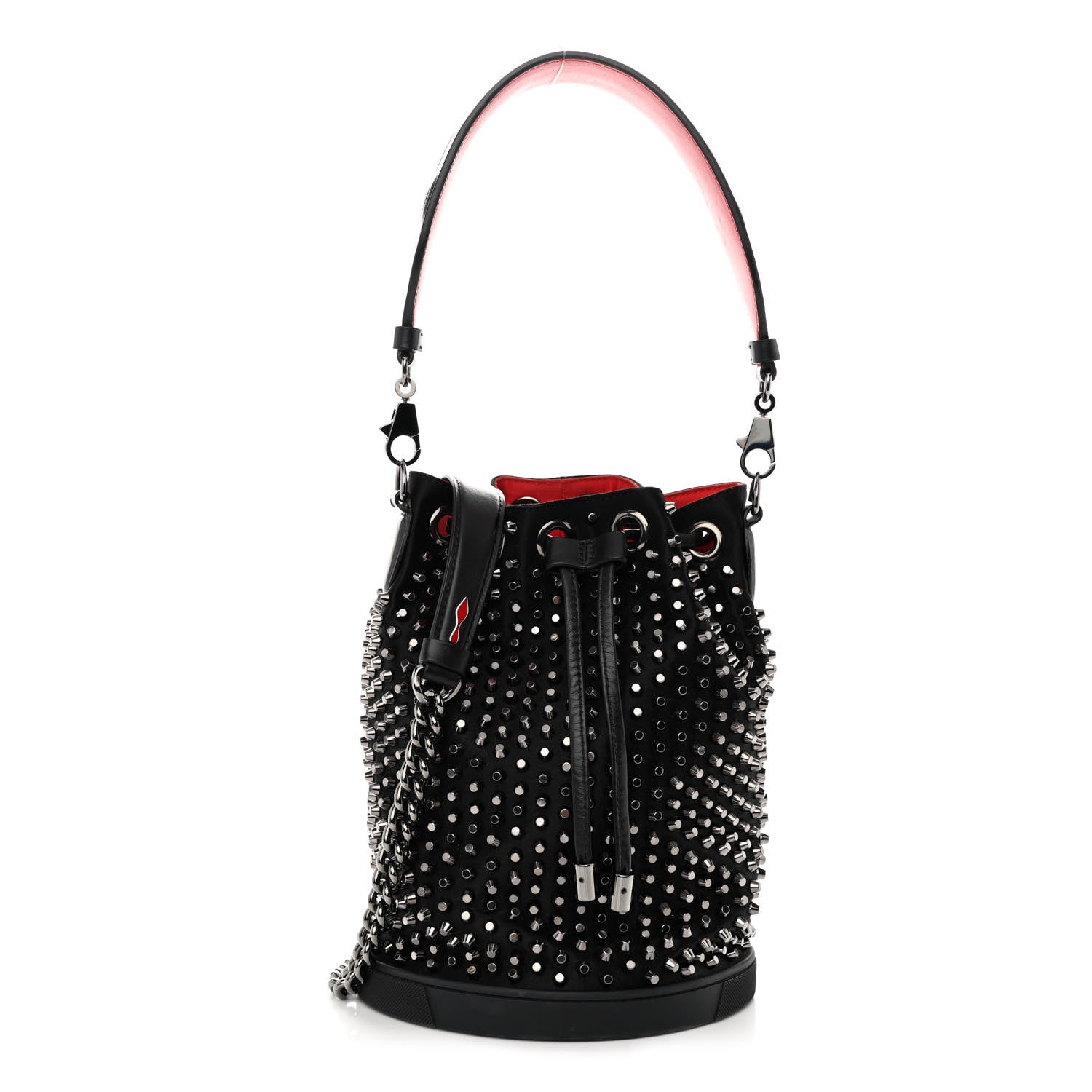 Christian Louboutin Silk Satin Calfskin Marie Jane Loubirun Studded Bucket Black 1 of 8