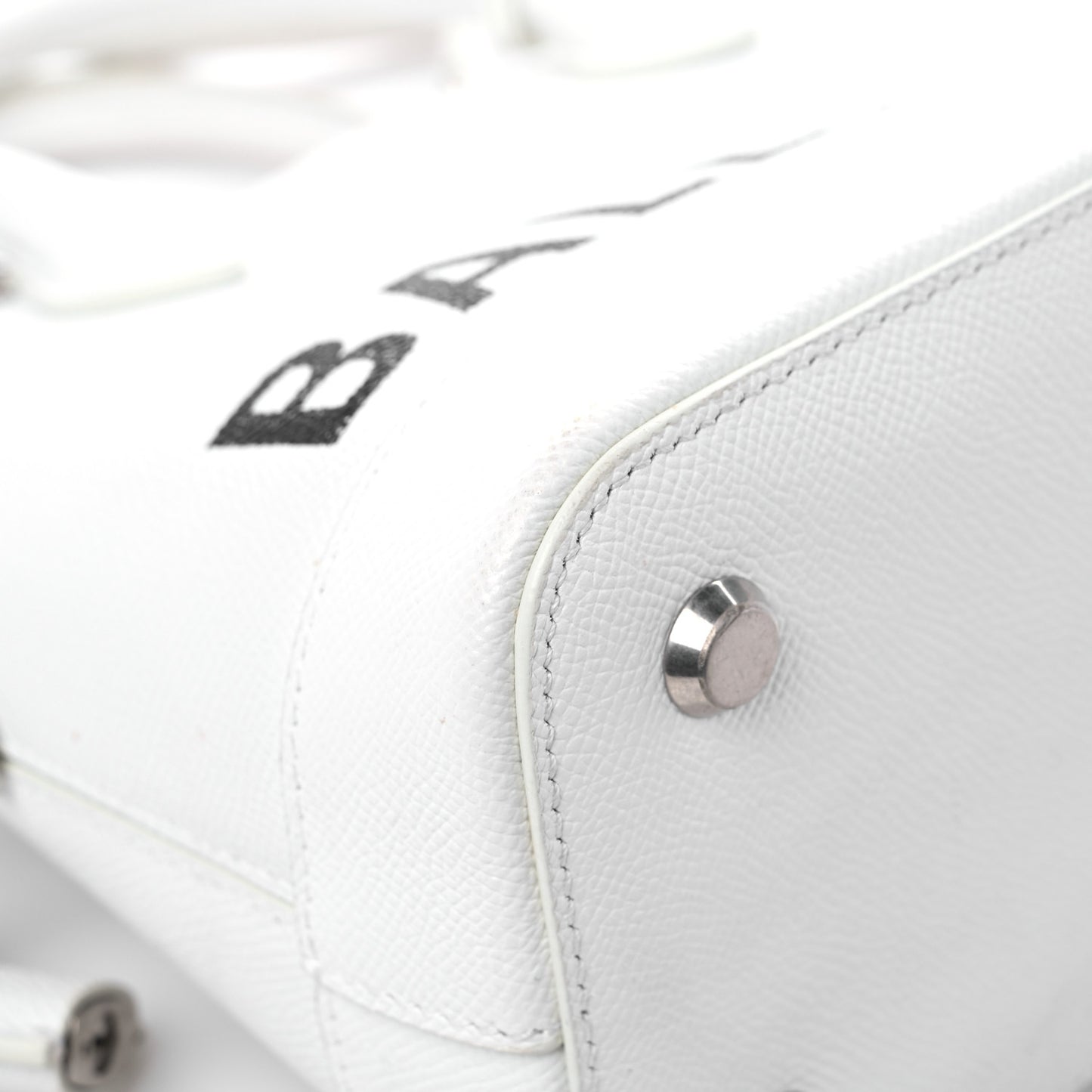 Signature Grained Calfskin Logo S Ville Top Handle Bag White Black