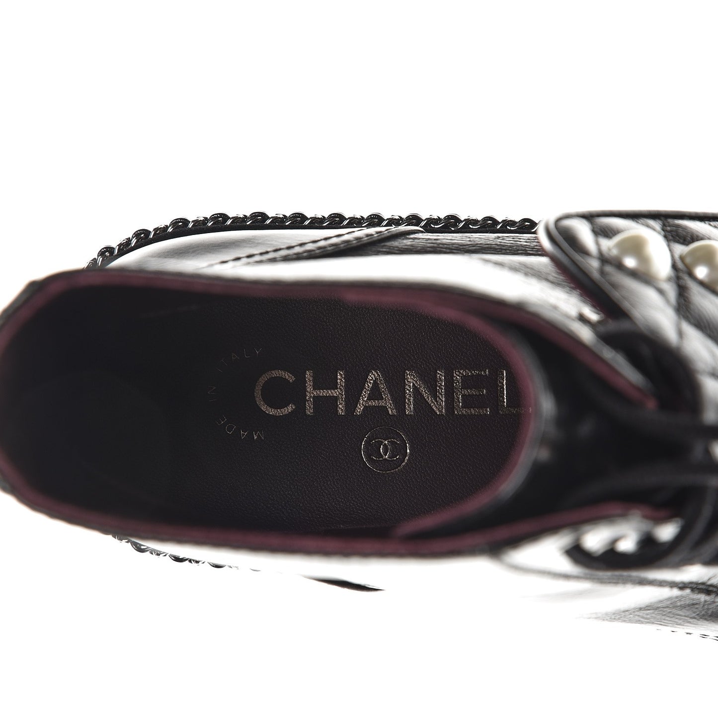 Crackled Calfskin Velvet Pearl Combat Short Boots 37.5 Black