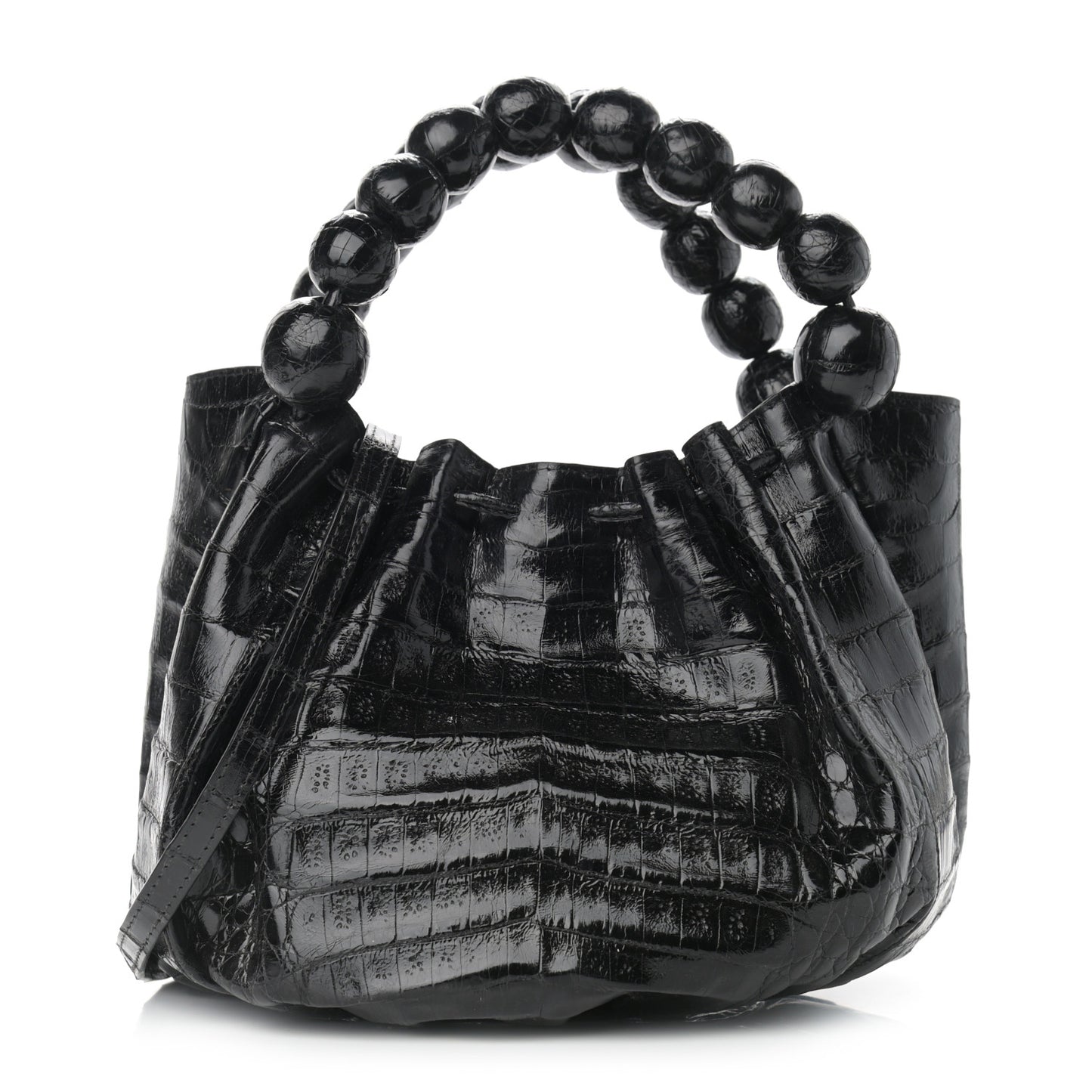 Crocodile Bead Handle Shoulder Bag Black