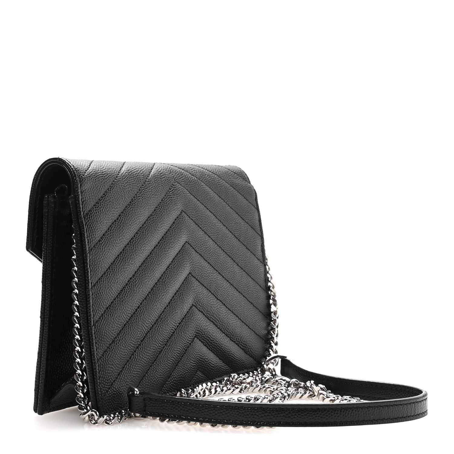 Saint Laurent Grain De Poudre Matelasse Chevron Monogram Envelope Chain Wallet Black 2 of 9