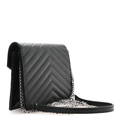 Saint Laurent Grain De Poudre Matelasse Chevron Monogram Envelope Chain Wallet Black 2 of 9