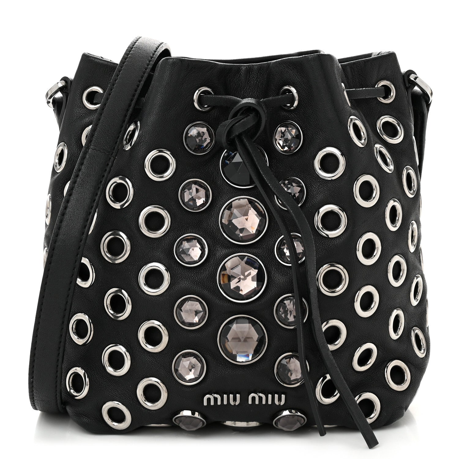 Miu Miu Nappa Jeweled Grommet Starlight Bucket Bag Black 1 of 10