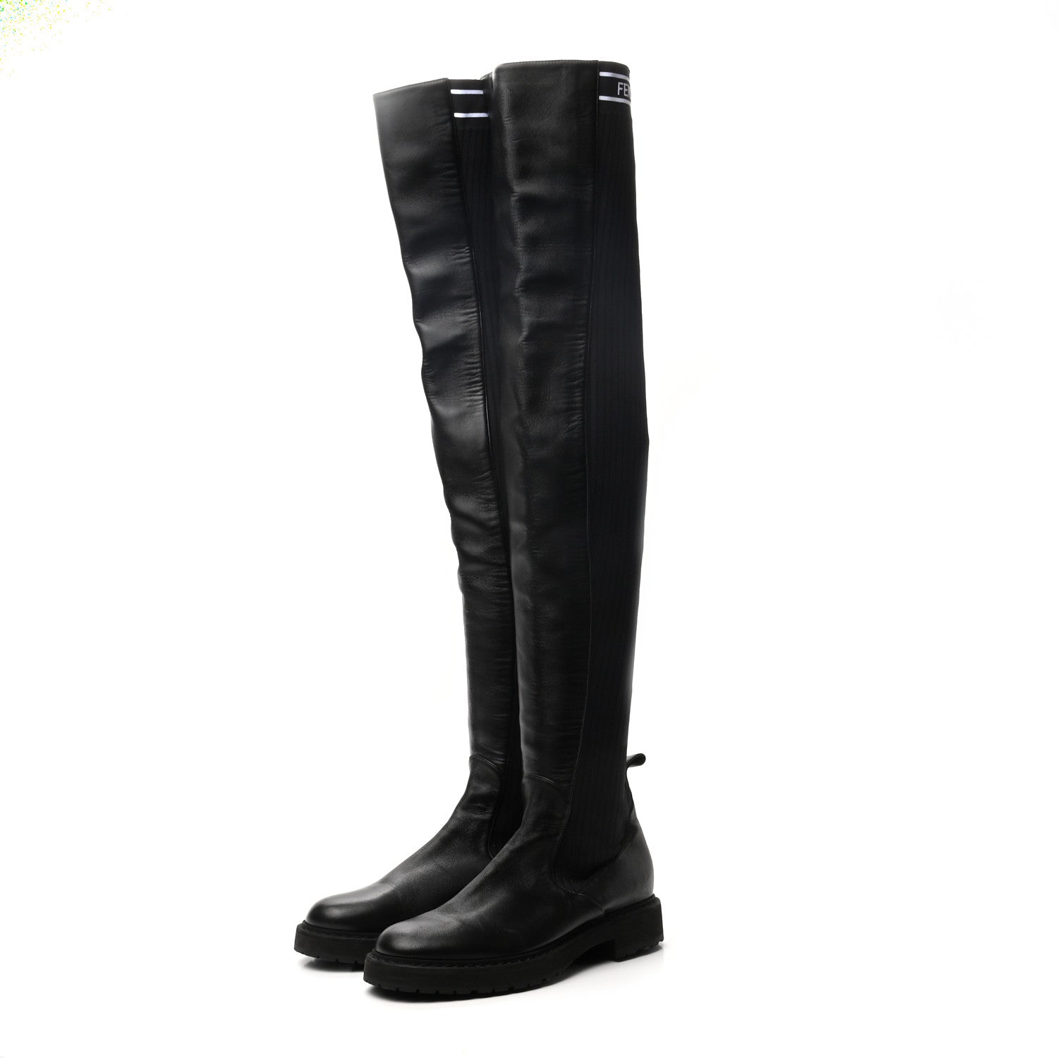 Fendi Nappa Stretch Fabric Logo Rockoko Thigh High Boots 36.5 Black White 3 of 7