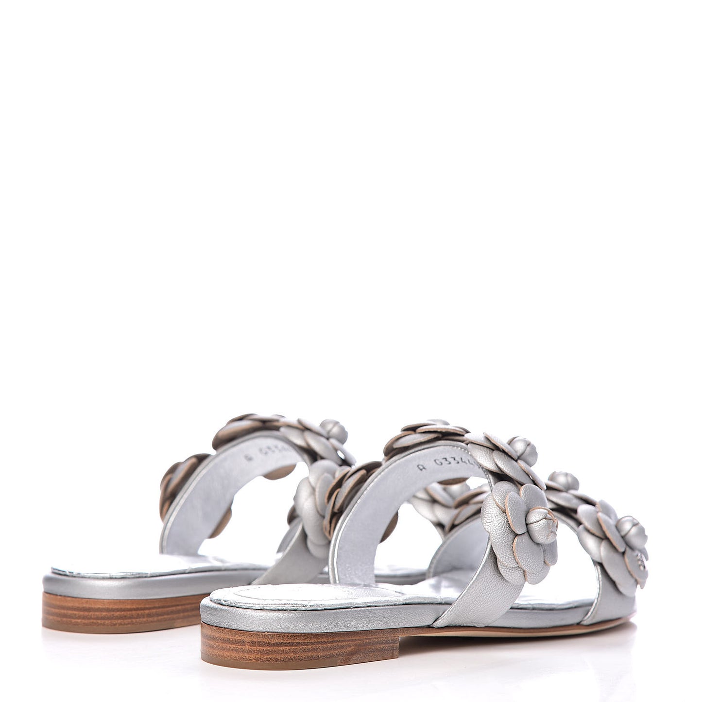 Metallic Lambskin Camellia Slide Sandals 35 Silver