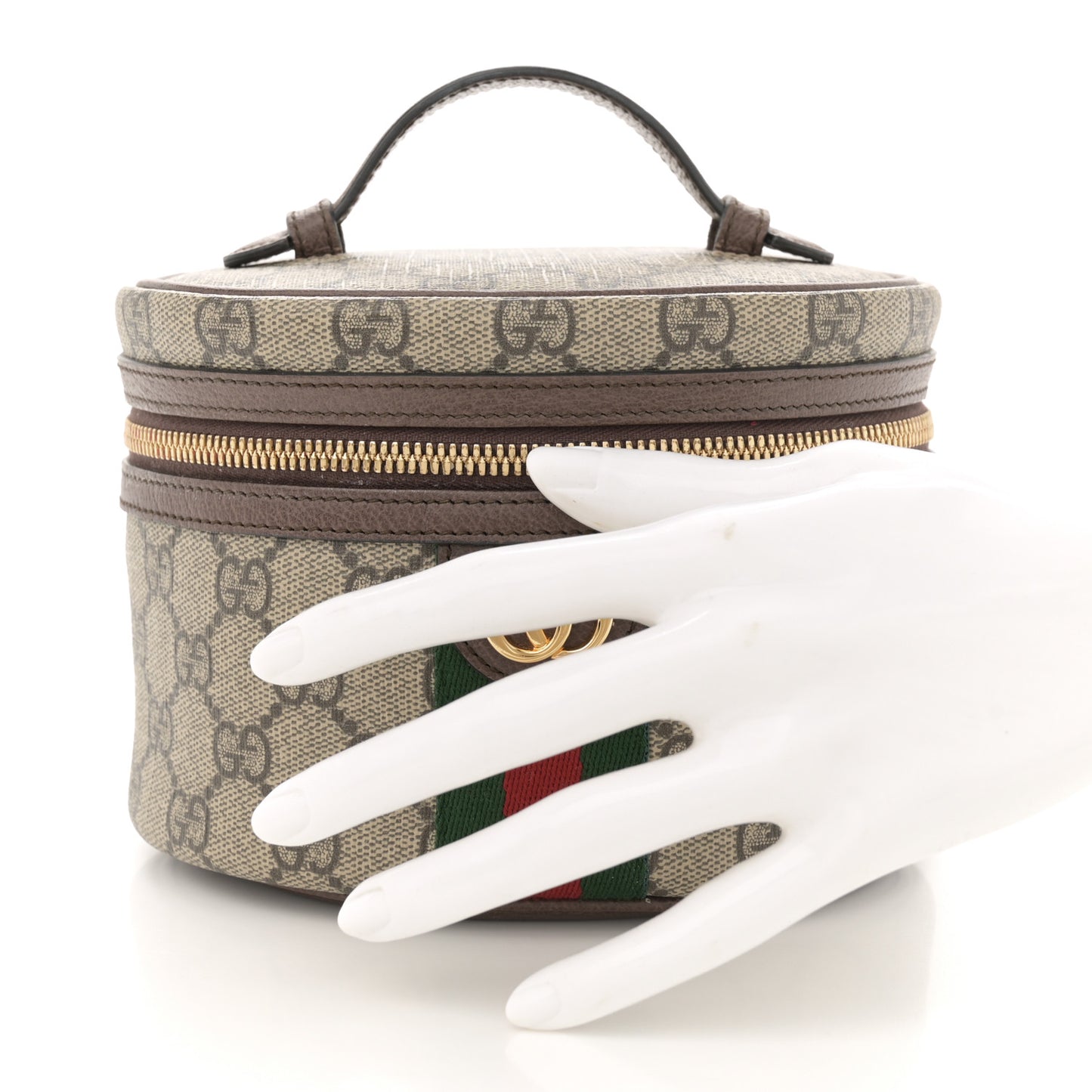 GG Supreme Monogram Textured Calfskin Web Ophidia Vanity Cosmetic Case Beige Ebony New Acero