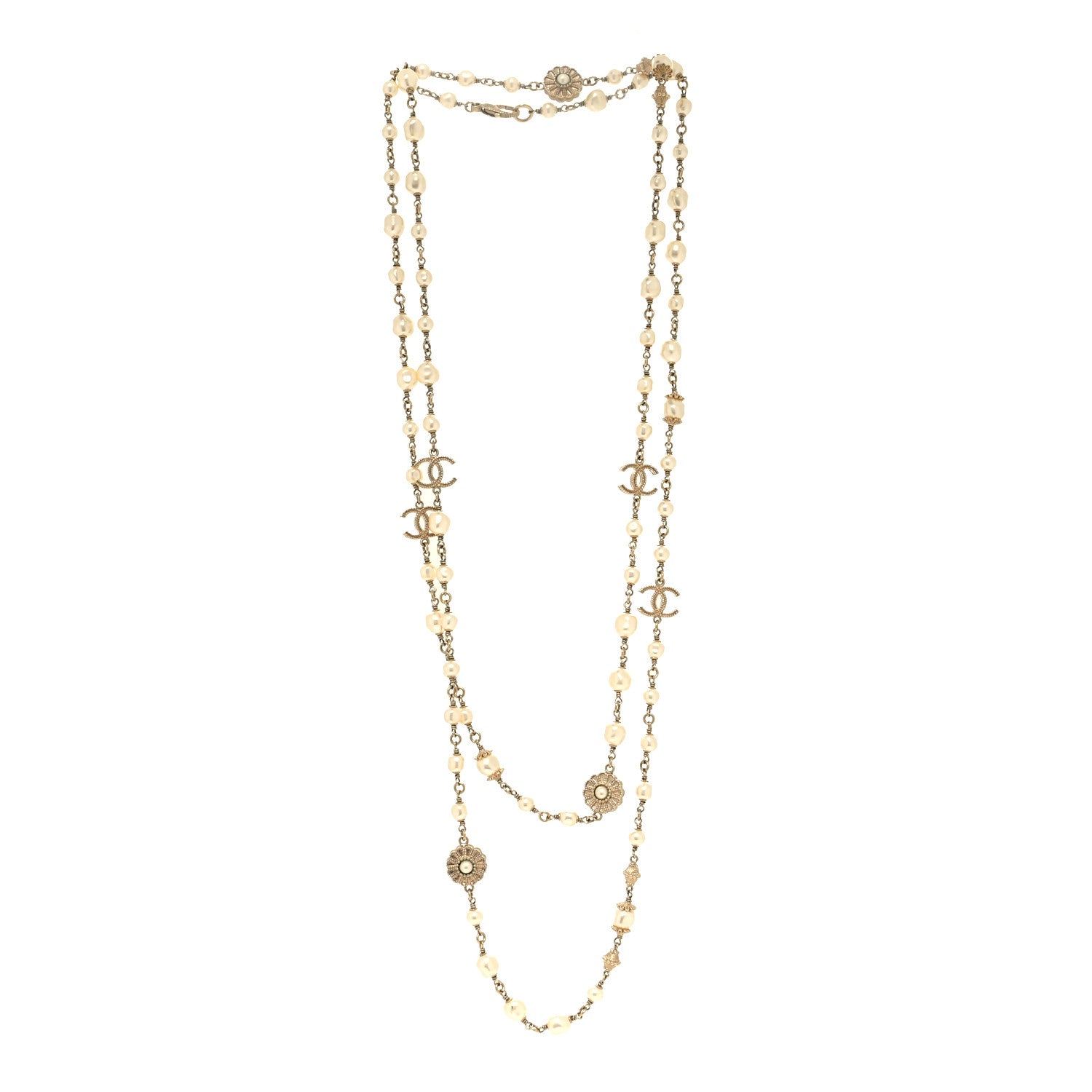 Chanel Pearl CC Flower Long Necklace White Gold 3 of 5
