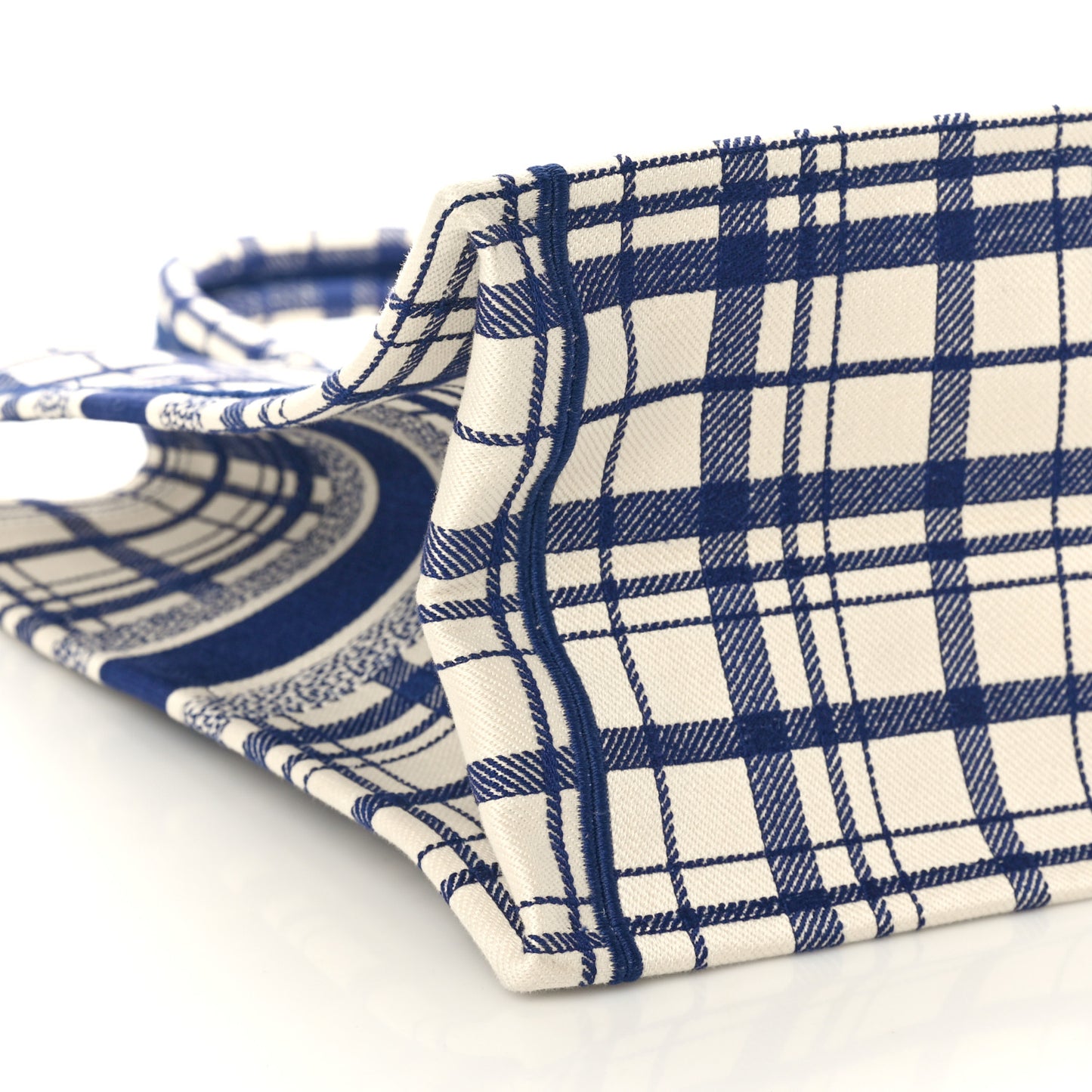 Canvas Embroidered Large Plaid Book Tote Navy