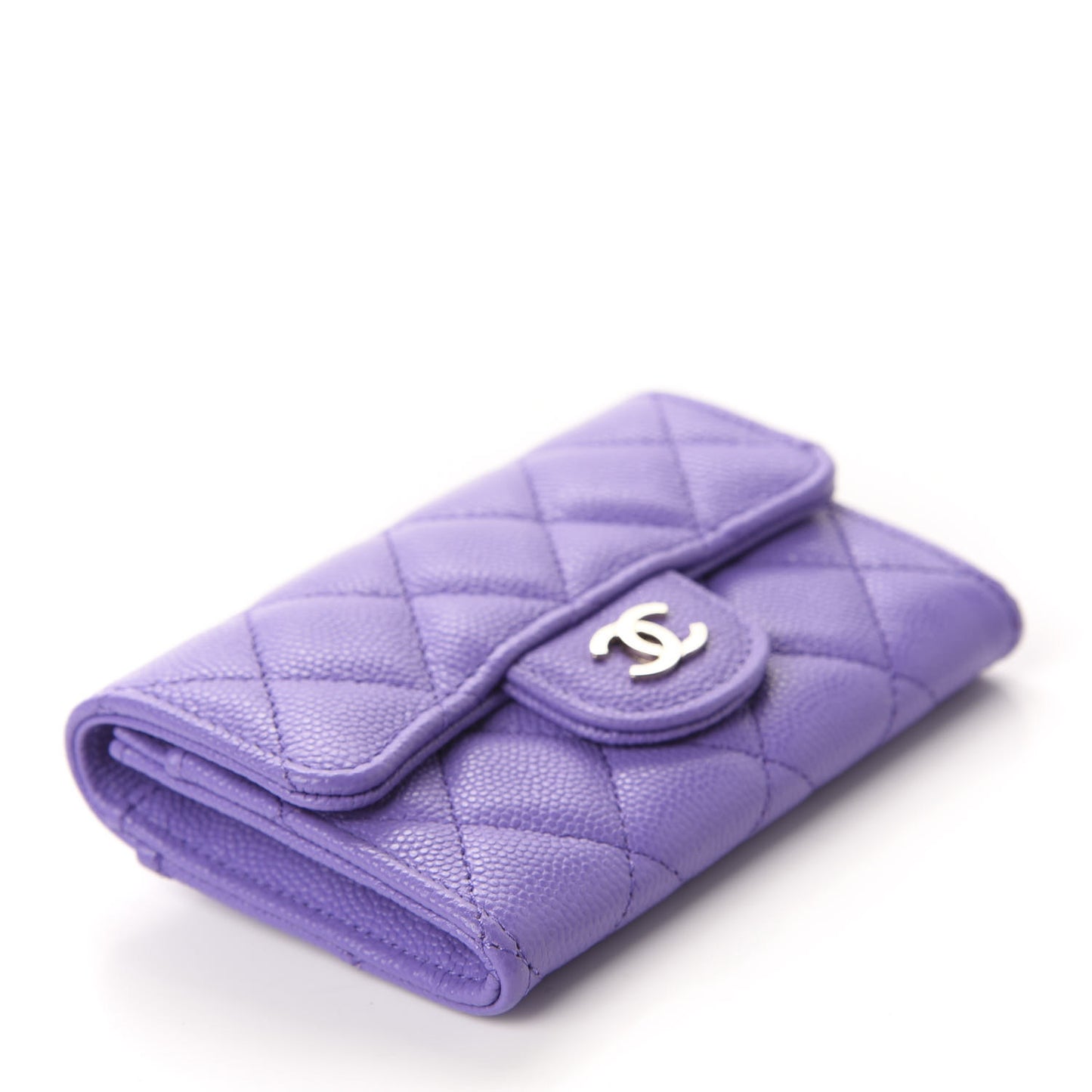 Caviar Quilted Flap Card Holder Wallet Purple