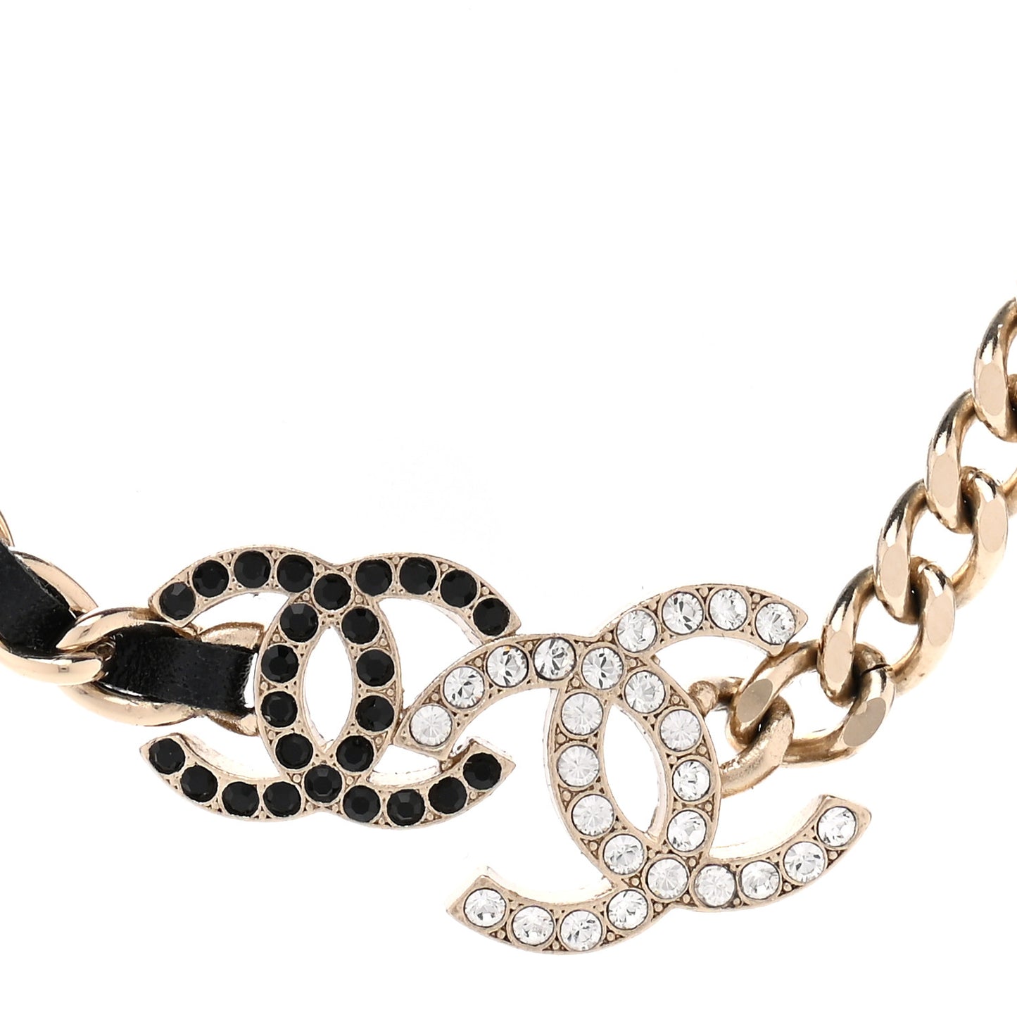 Metal Calfskin Crystal Double CC Short Necklace Black Gold