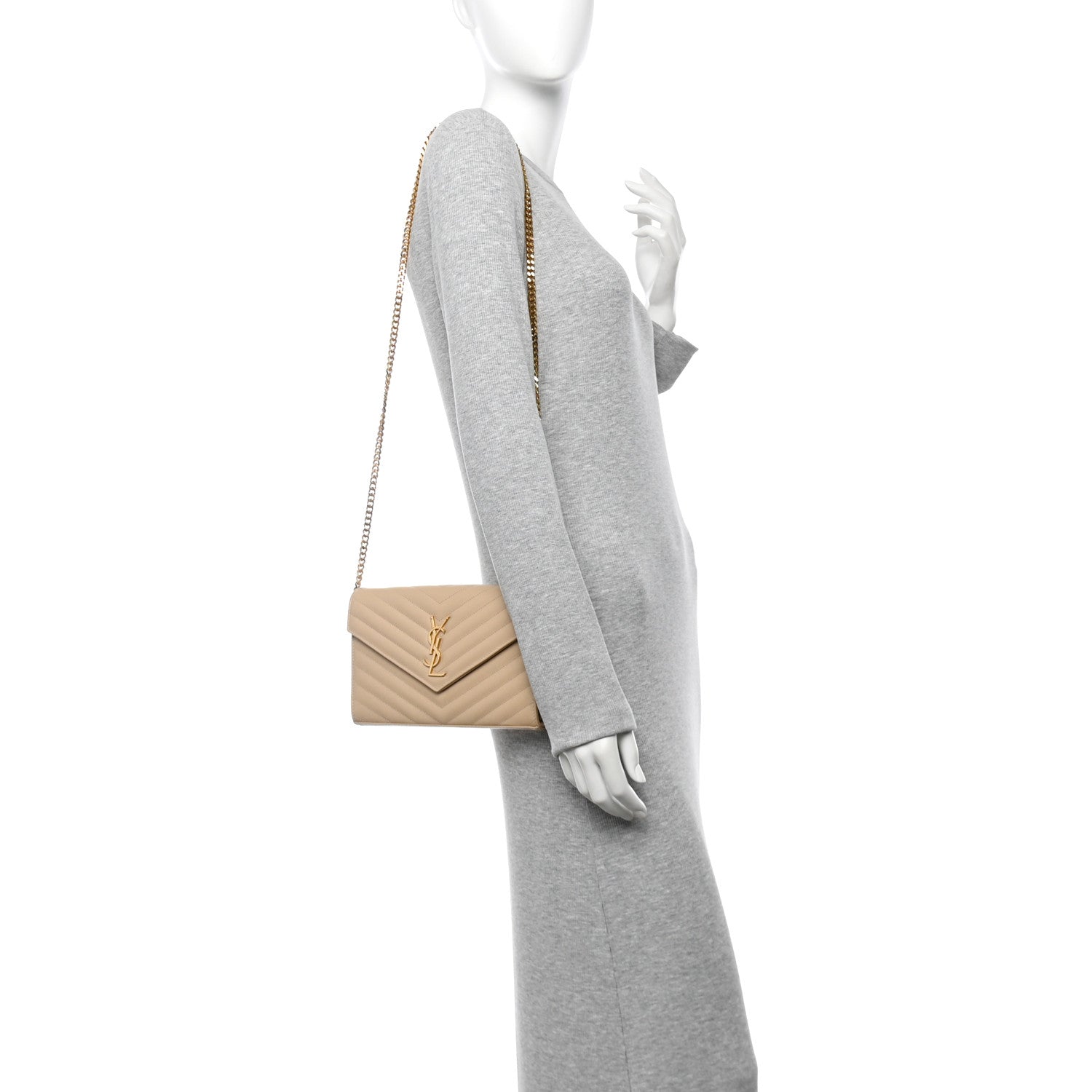 Saint Laurent Grain De Poudre Matelasse Chevron Monogram Chain Wallet Nude Powder 2 of 14