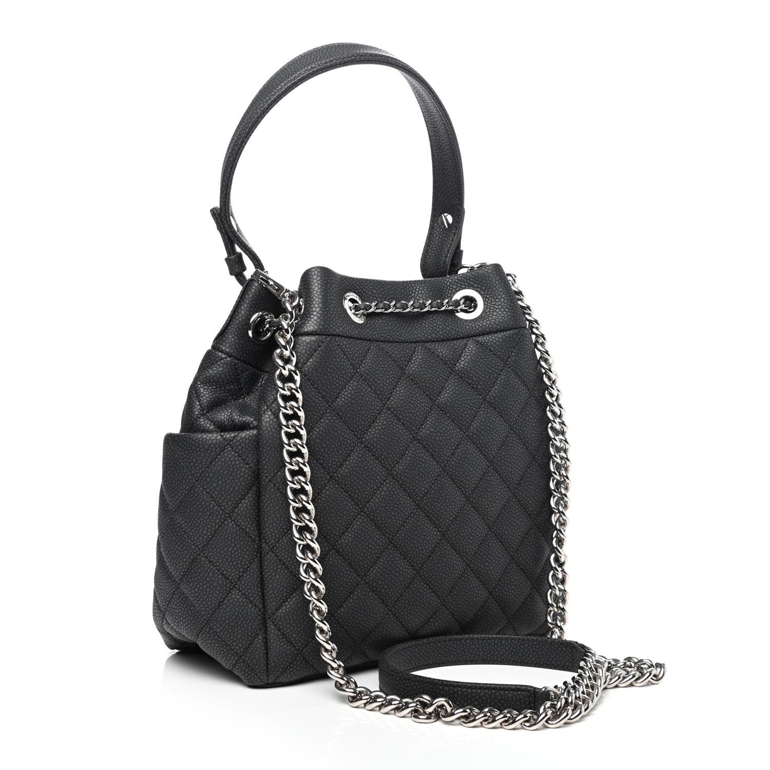 Chanel Caviar Flat Quilted CC Chain Bucket Drawstring Bag Black 2 of 4
