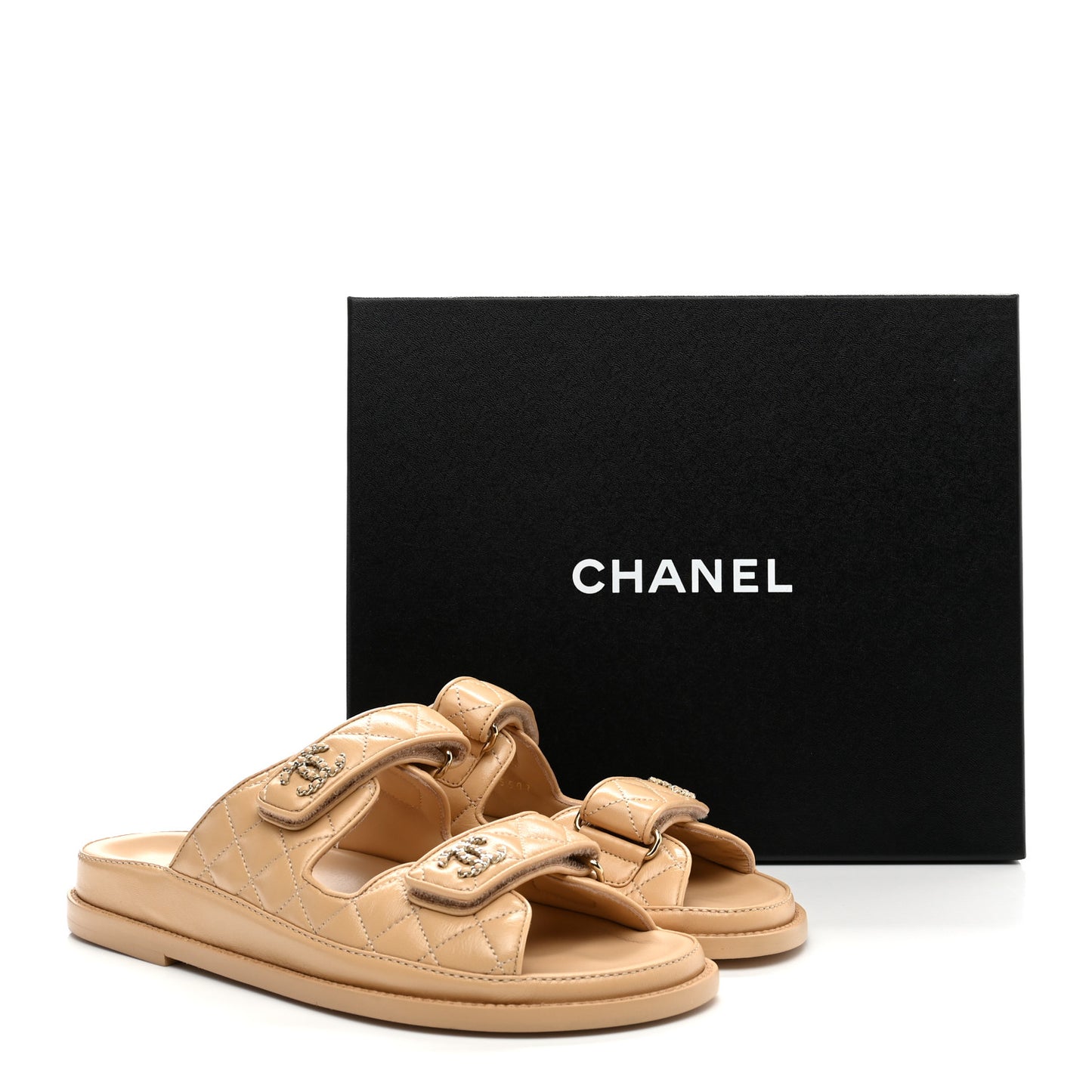 Lambskin Quilted Velcro Dad Chain CC Slide Sandals 39 Beige