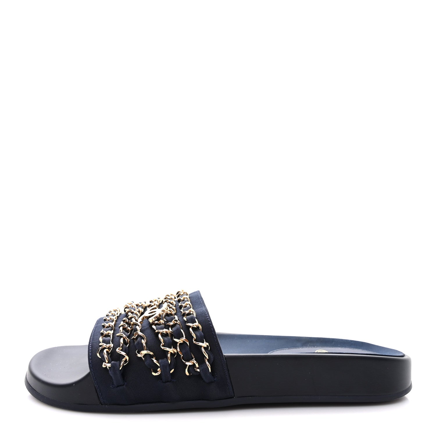 Chanel Satin Canvas Chain Slides Sandals Flats 38 Marine 1 of 9