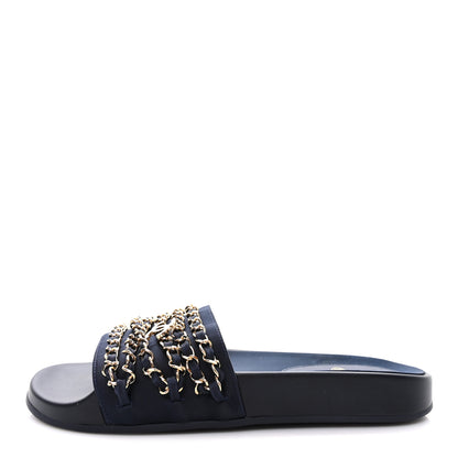 Chanel Satin Canvas Chain Slides Sandals Flats 38 Marine 1 of 9