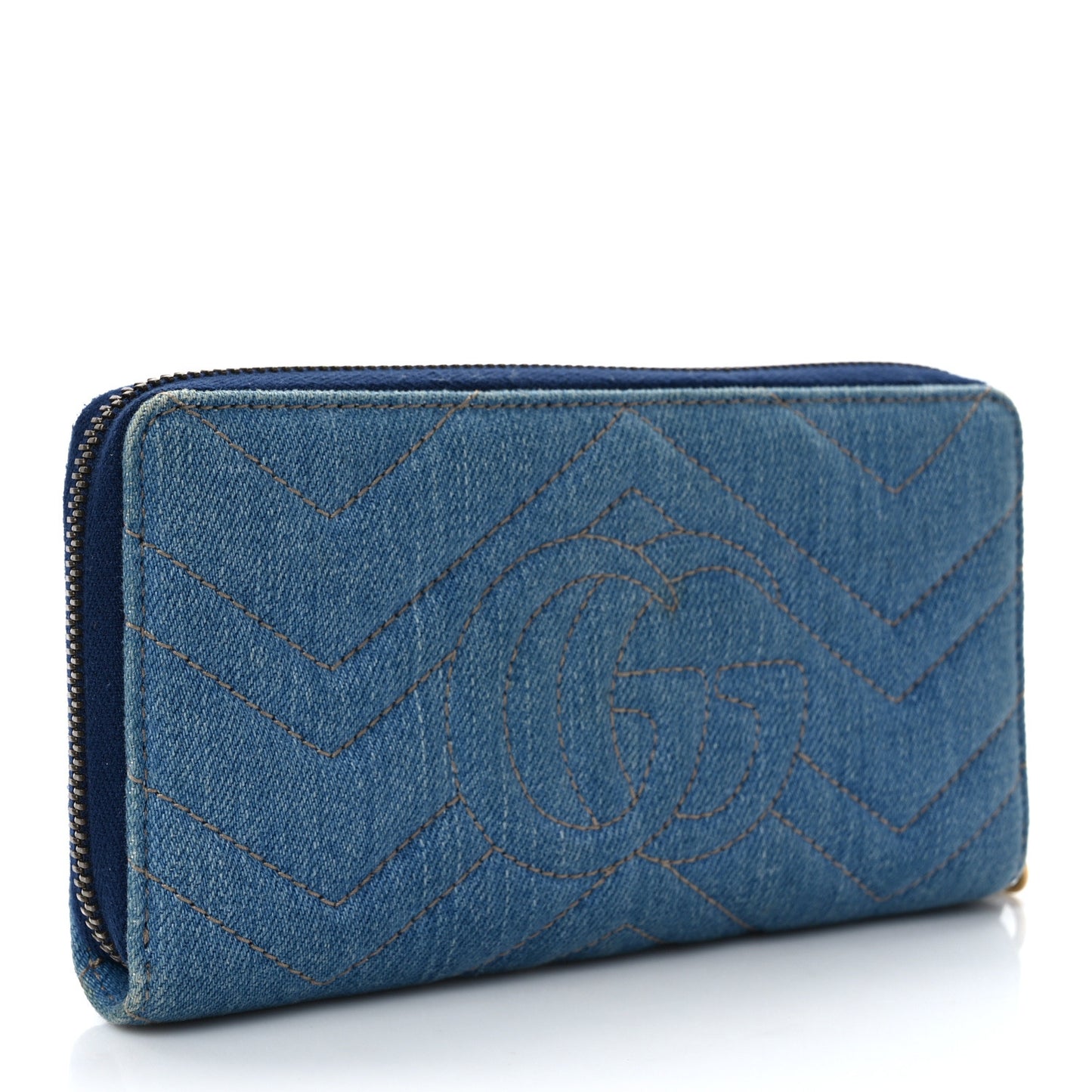 Denim Matelasse Pearly GG Marmont Zip Around Wallet Blue