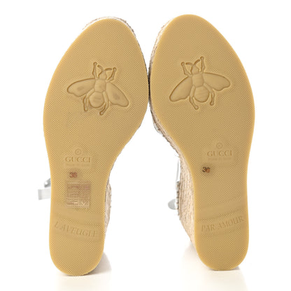 Gucci Lame GG Monogram Ankle Wrap Platform Espadrille Wedges 36 Silver Beige Light Grey 5 of 8