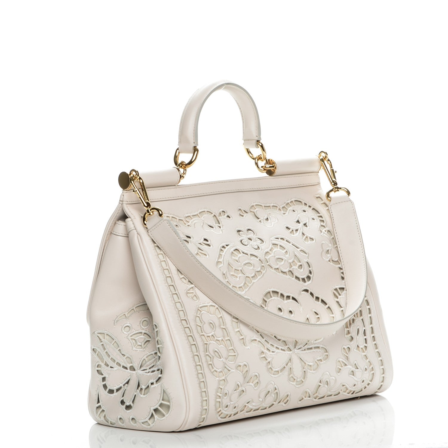 Dolce & Gabbana Calfskin Large Embroidered Laser Cut Miss Sicily Satchel Beige 3 of 7