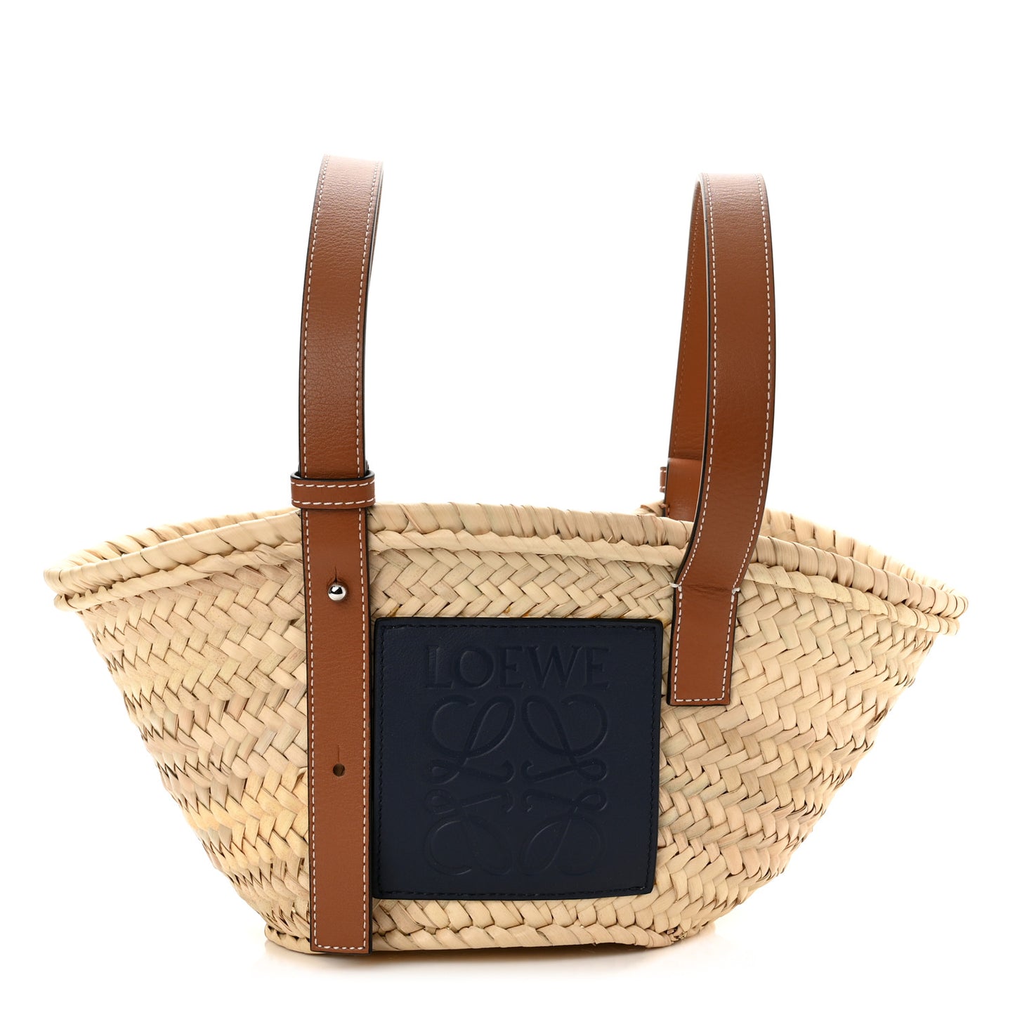 Raffia Small Basket Tote Bag Natural Tan Navy
