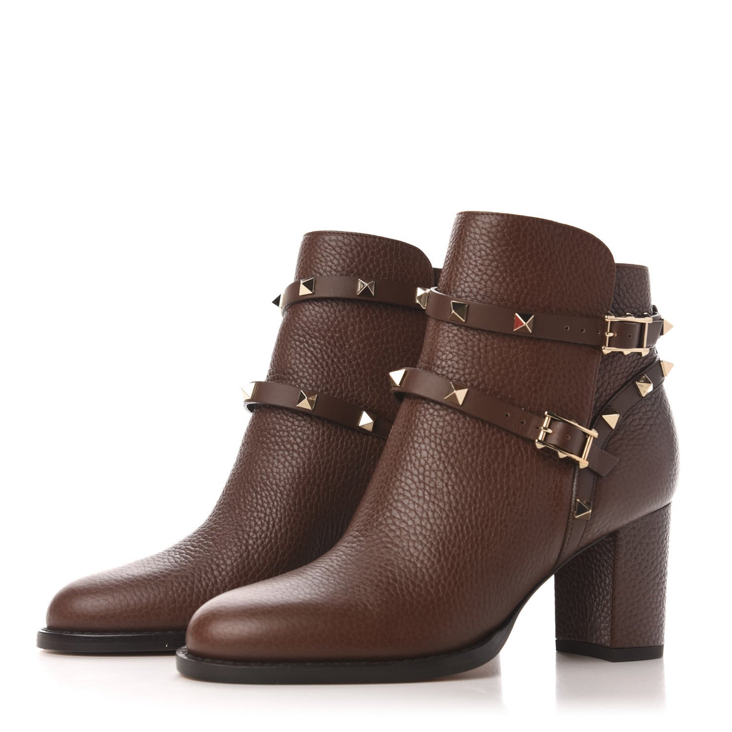 Pebbled Calfskin Rockstud Double Buckle 70mm Block Heel Ankle Boots 36 Light Brown