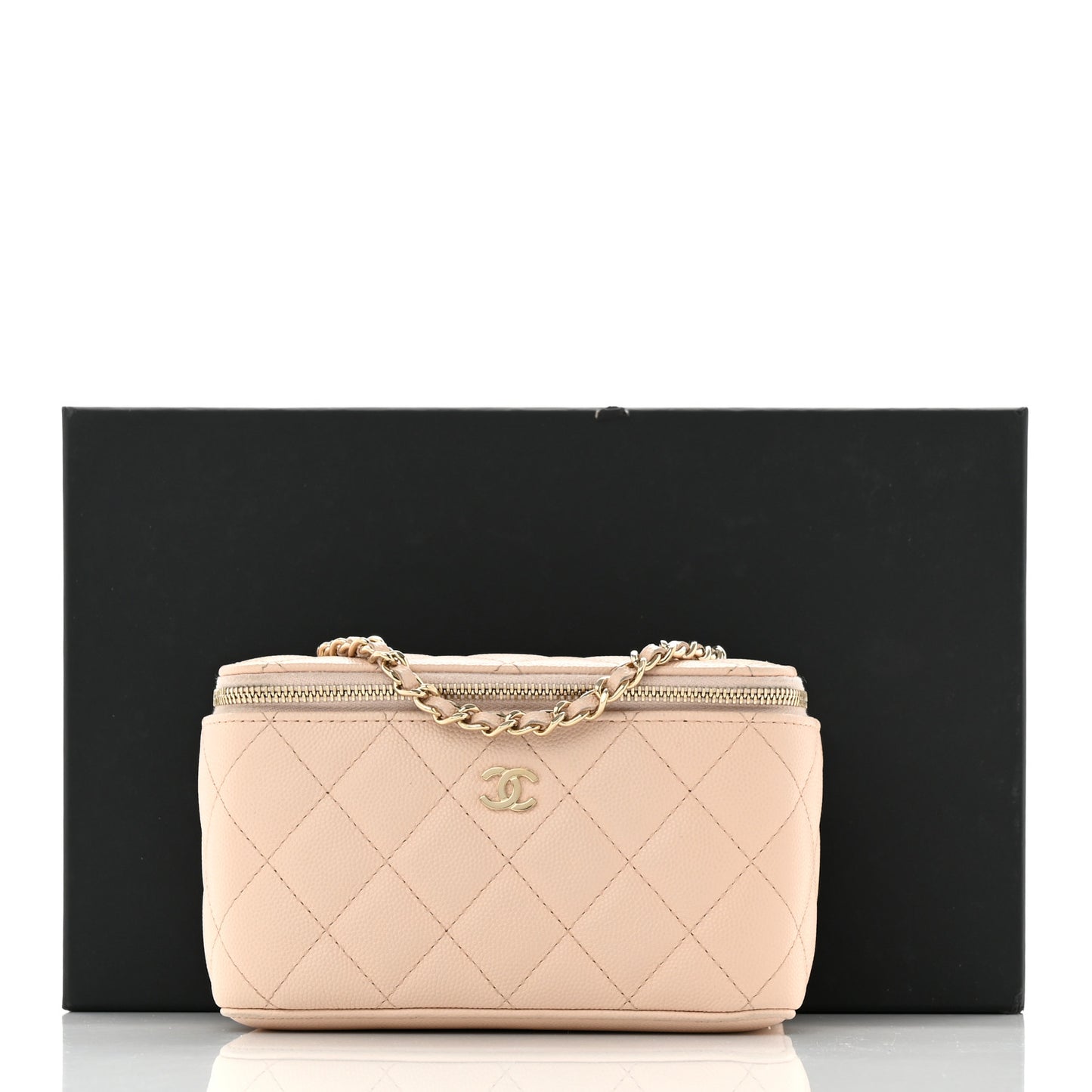 Caviar Quilted Small Vanity Case With Chain Light Beige