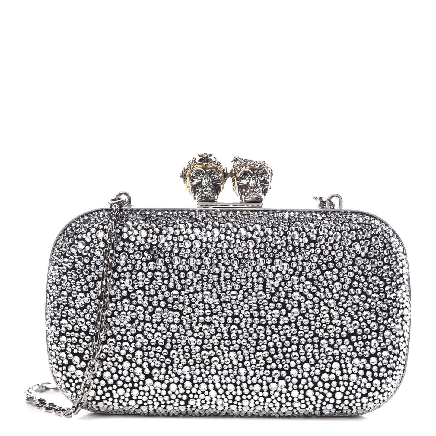 Crystal Nappa Queen and King Skull Box Chain Clutch Black Silver