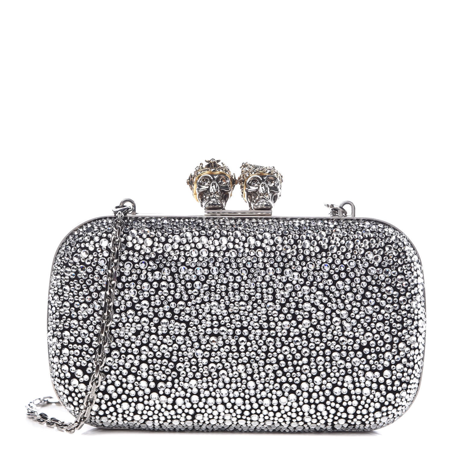 Alexander McQueen Crystal Nappa Queen and King Skull Box Chain Clutch Black Silver 1 of 13