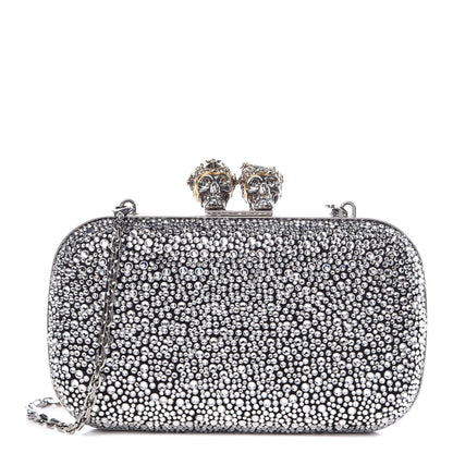 Alexander McQueen Crystal Nappa Queen and King Skull Box Chain Clutch Black Silver 1 of 13
