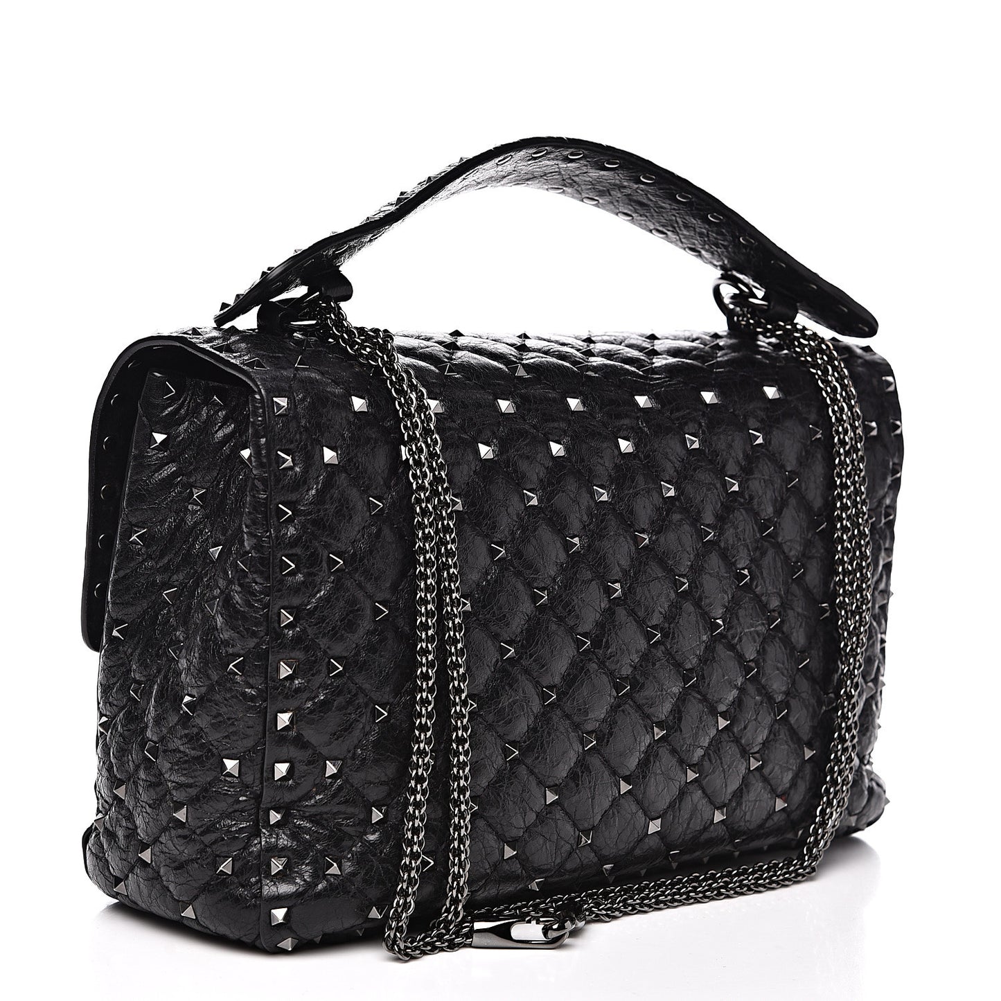 Craquele Nappa Large Rockstud Spike Shoulder Bag Black