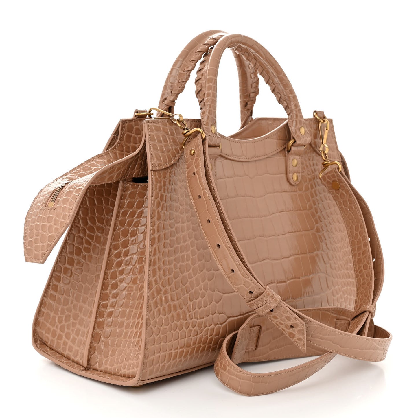 Shiny Supple Calfskin Crocodile Embossed Neo Classic Gold Hardware City Nude Beige