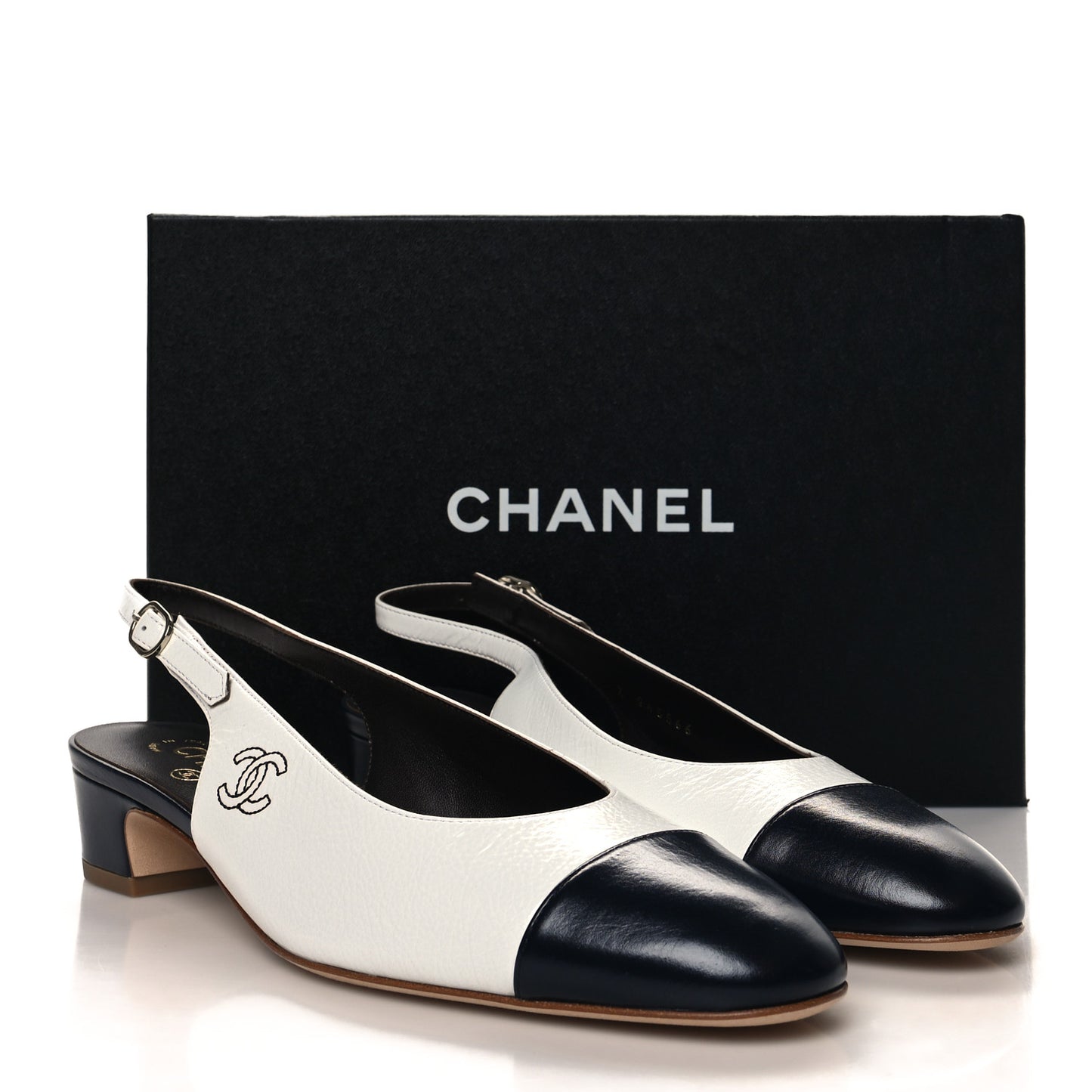 Calfskin Cap Toe CC Slingback Pumps 40 White Dark Navy