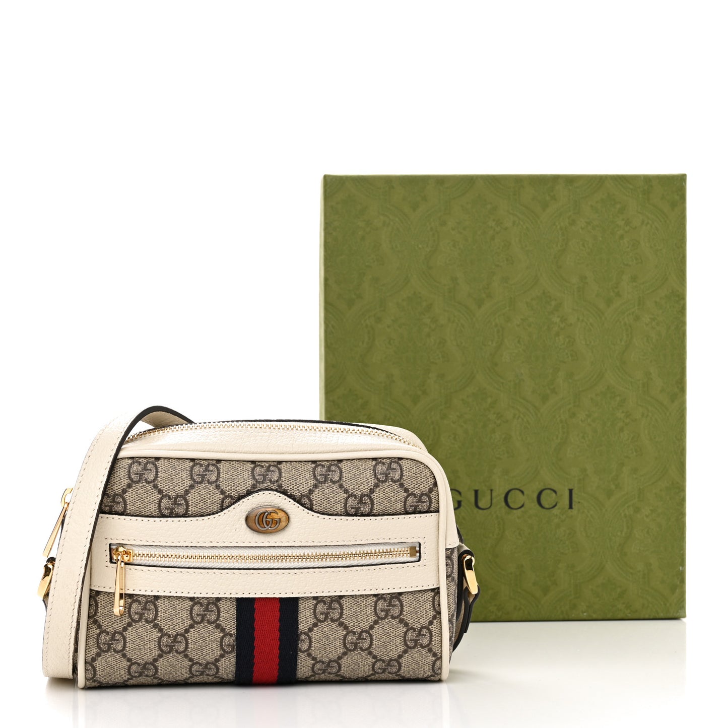 GG Supreme Monogram Textured Calfskin Web Mini Ophidia Shoulder Bag Beige Ebony Mystic White