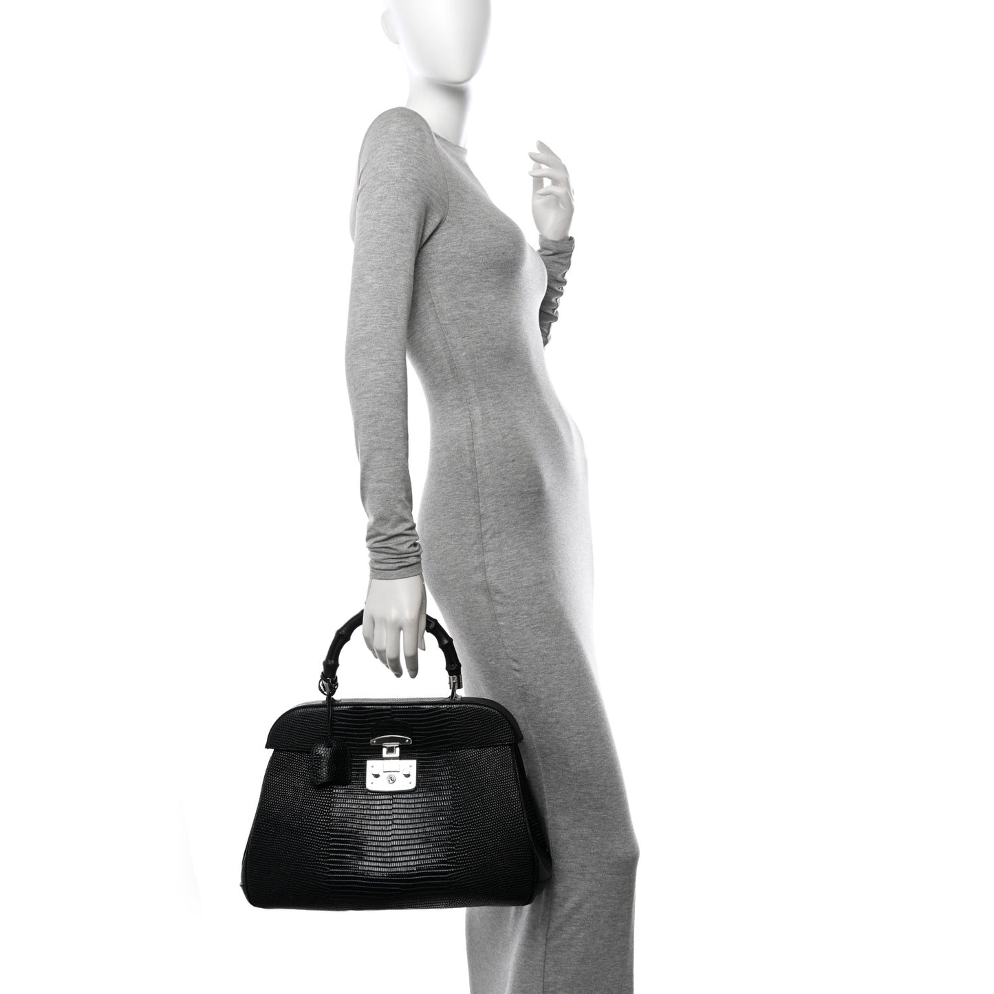 Lizard Bamboo Large Lady Lock Top Handle Bag Black