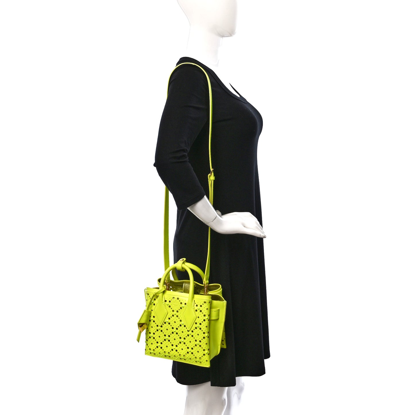 Perforated Calfskin Studded Mini Milla Tote Neon Yellow