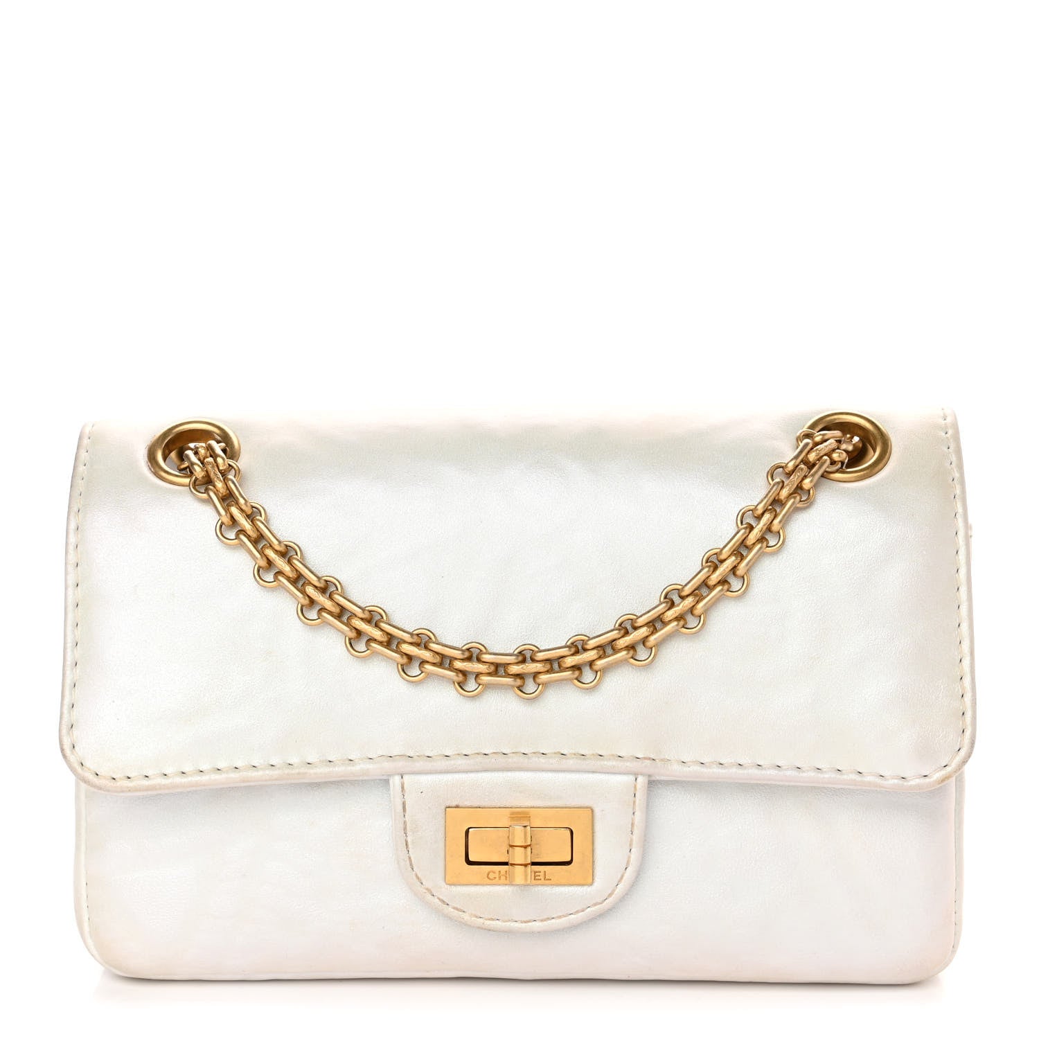 this is an image of a CHANEL Iridescent Calfskin Embossed 2.55 Reissue Mini Flap bag in the color White by fashionphile