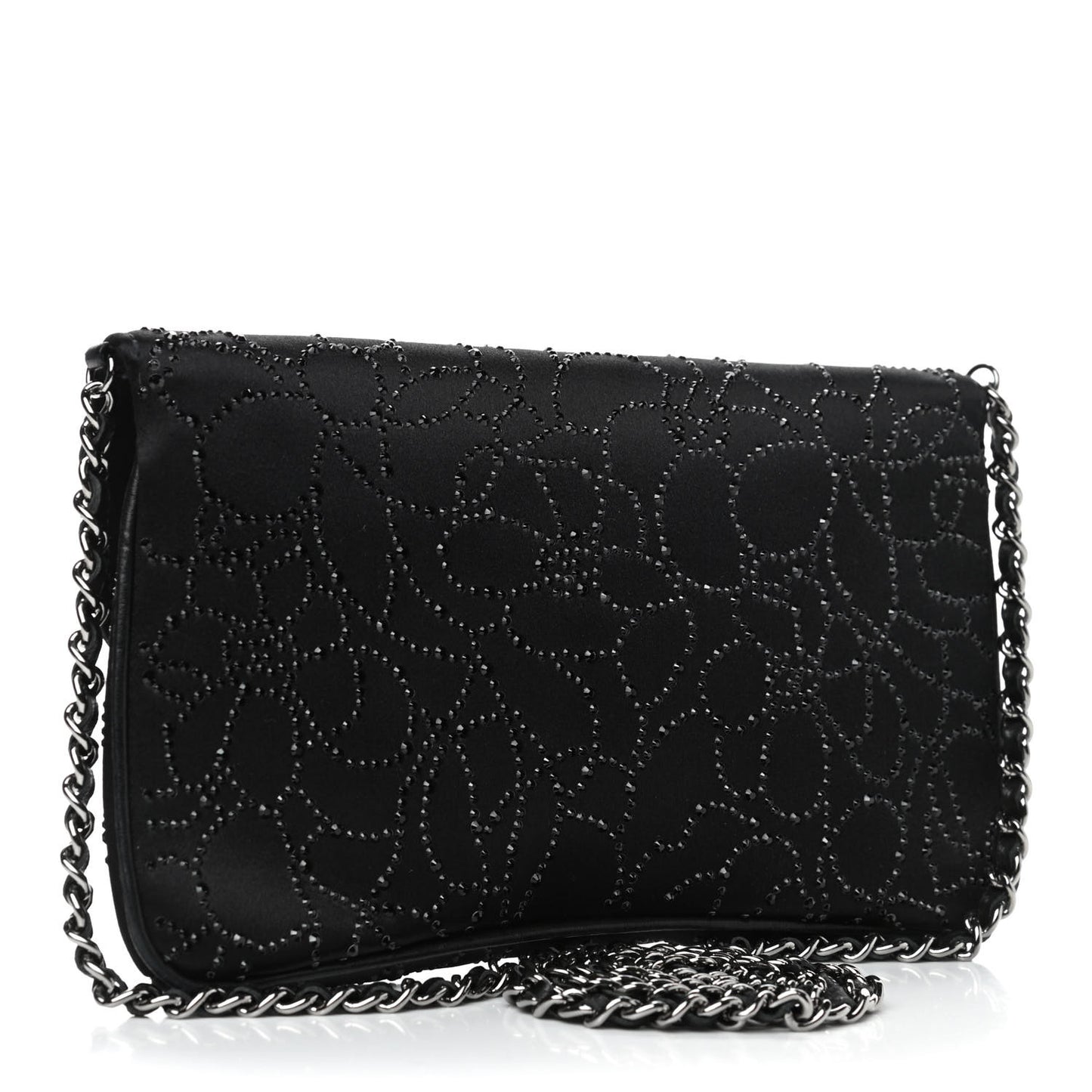 Satin Crystal Camellia Clutch On Chain Bag Black