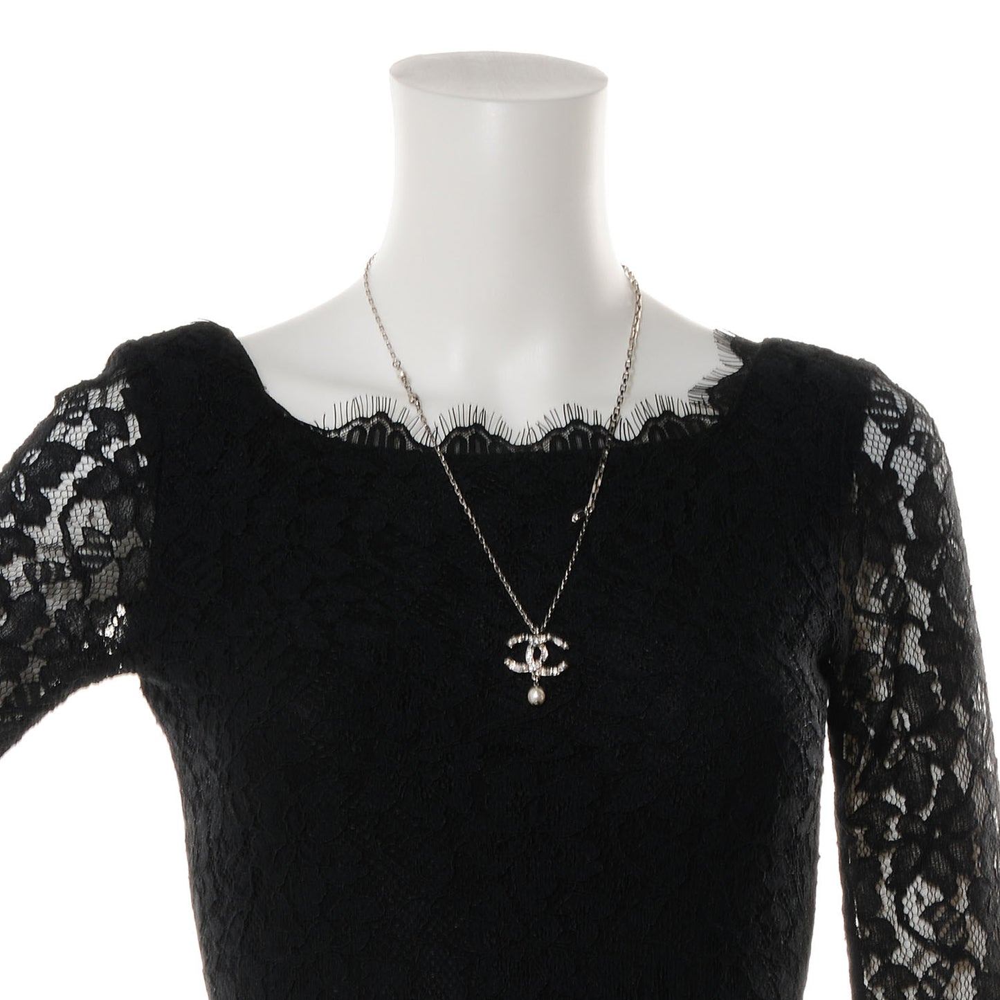 Pearl Crystal Baguette CC Chain Long Necklace Silver