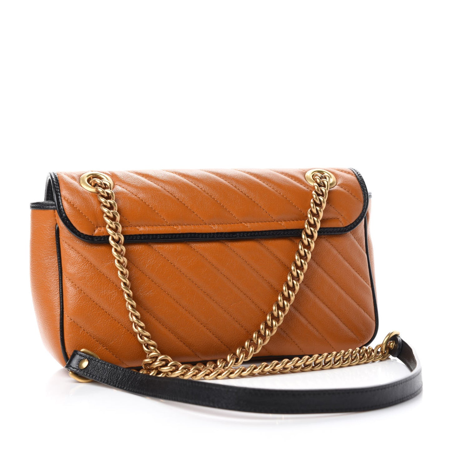 Vintage Effect Calfskin Matelasse Diagonal Small Torchon GG Marmont Shoulder Bag Cognac Black
