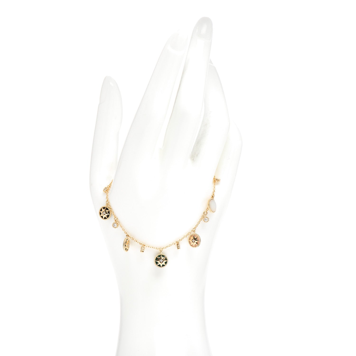 Christian Dior 18K Yellow Gold Diamond Mother of Pearl Multi Gemstone Rose Des Vents Charm Bracelet 2 of 4