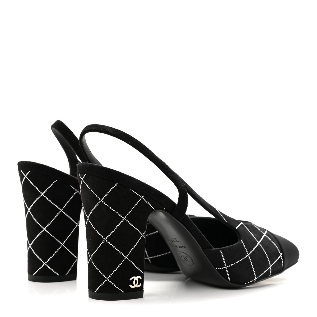 Chanel Suede Kidskin Cap Toe CC Slingback Pumps 37.5 Black Silver 5 of 9