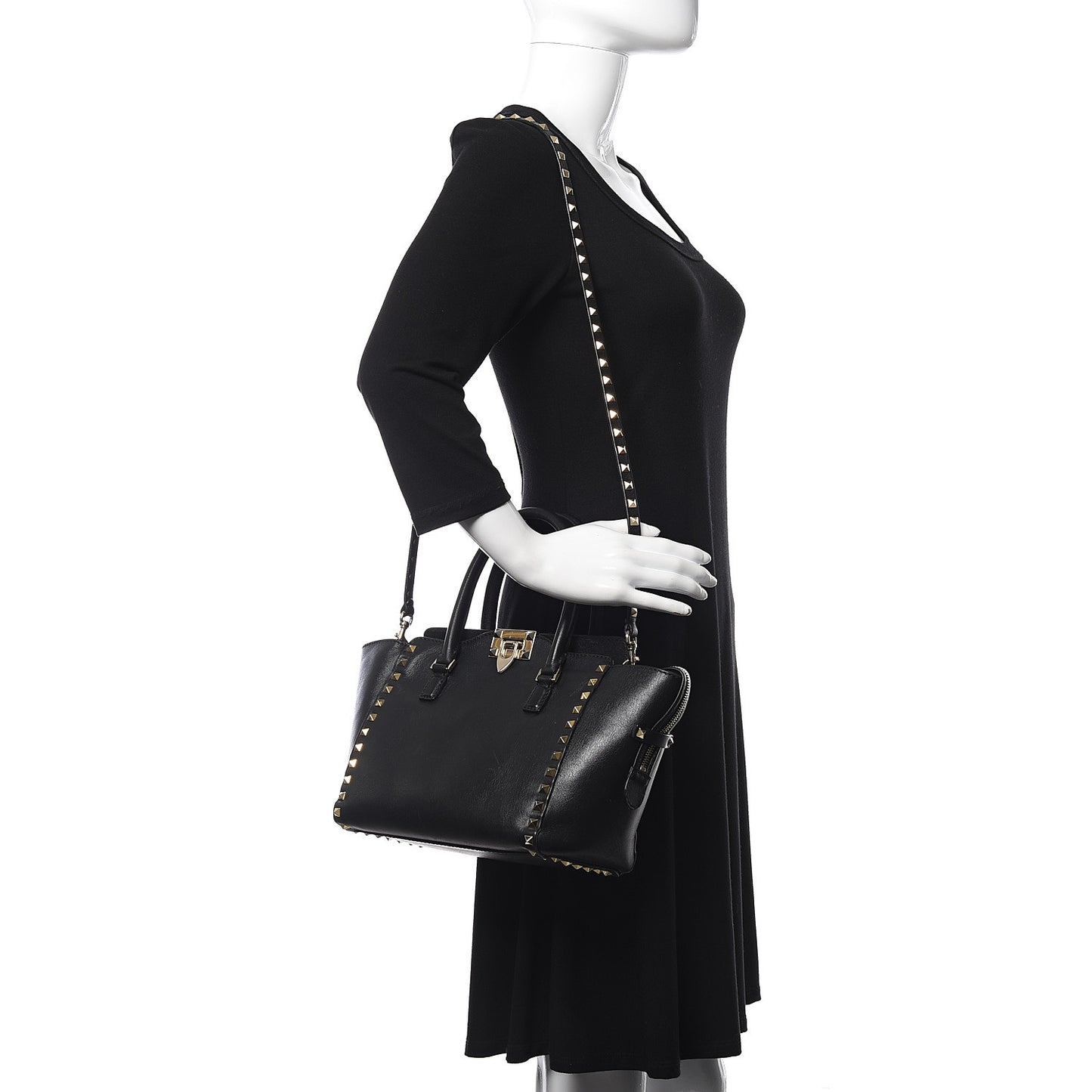 Vitello Small Rockstud Double Handle Tote Black