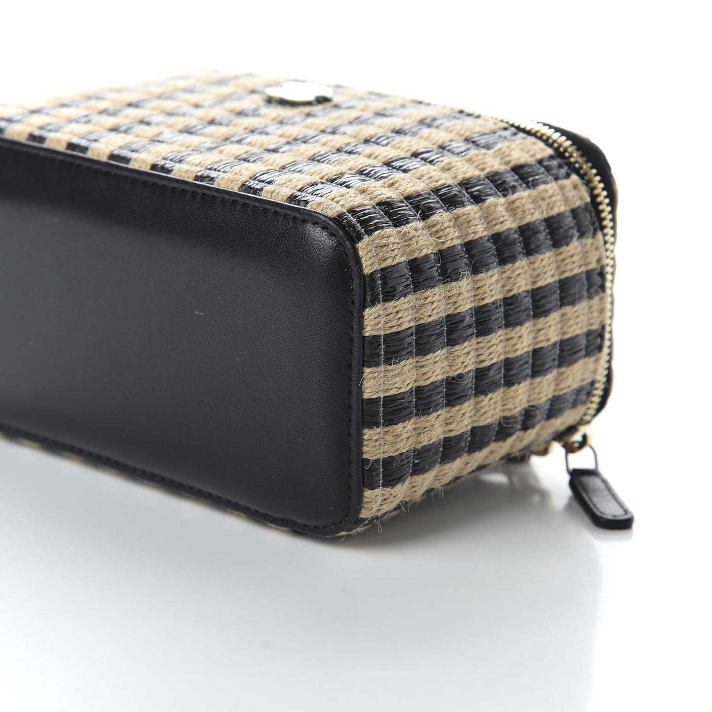 Raffia Jute Striped Small Vanity Case With Chain Black Beige