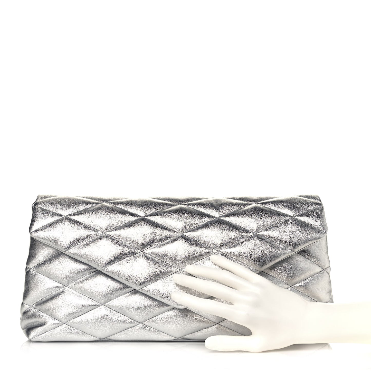 Metallic Lambskin Quilted Sade Puffer Envelope Clutch Argento