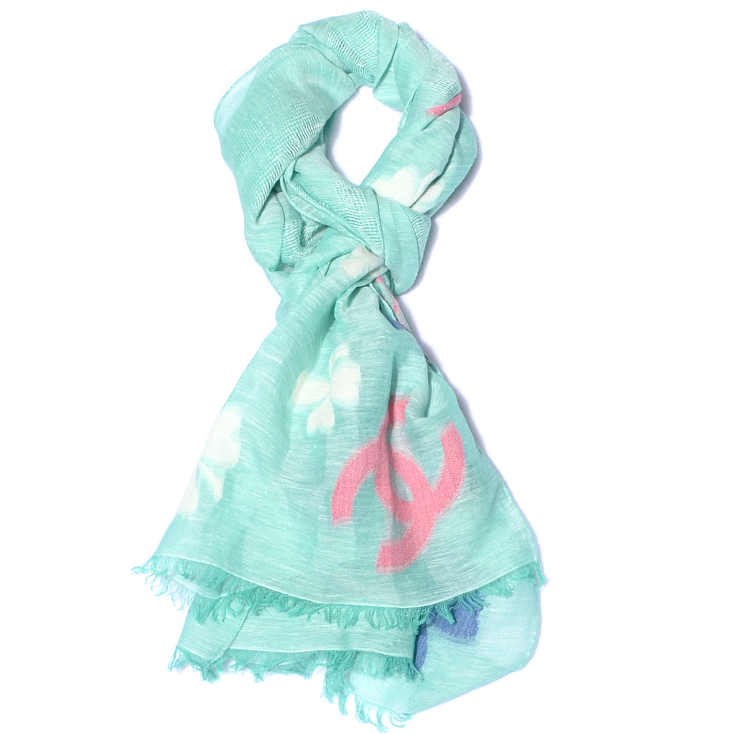 Chanel Linen Cotton Wool CC Clover Scarf Green 1 of 6