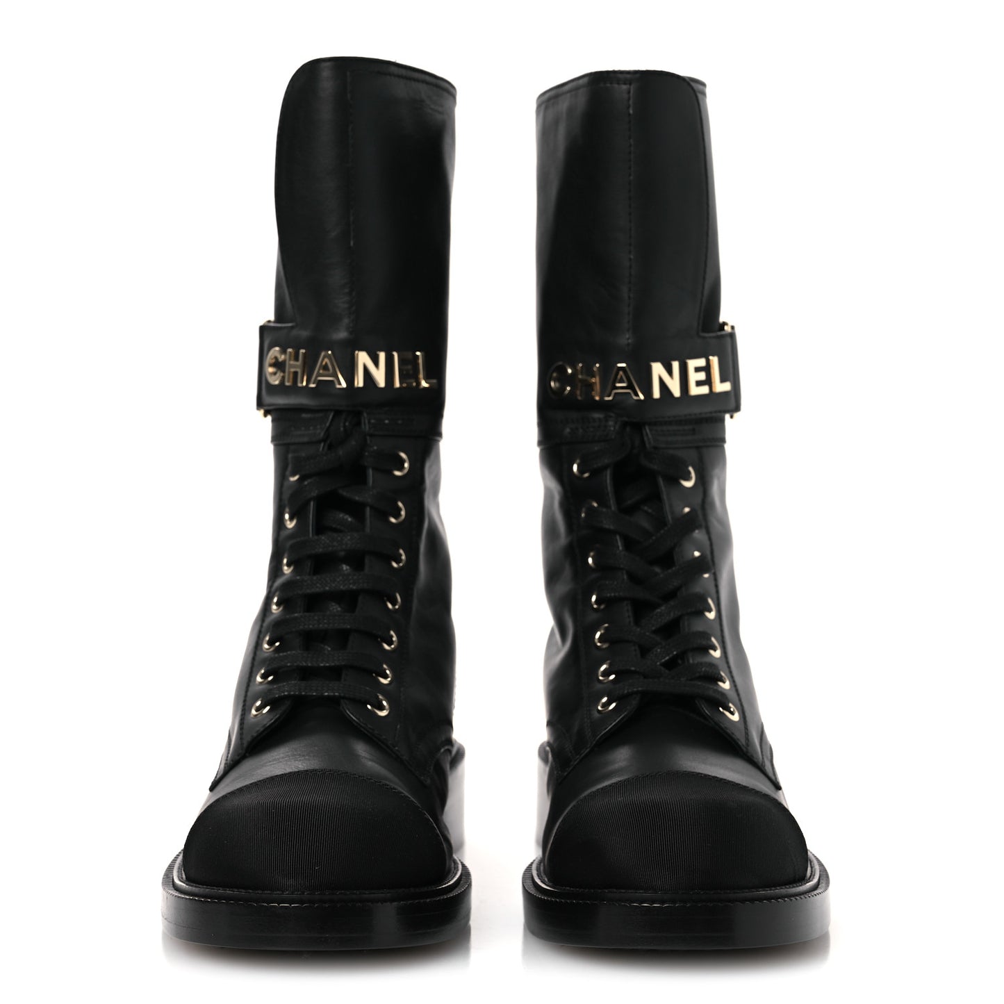 Calfskin Grosgrain Lace Up Combat Boots 38.5 Black