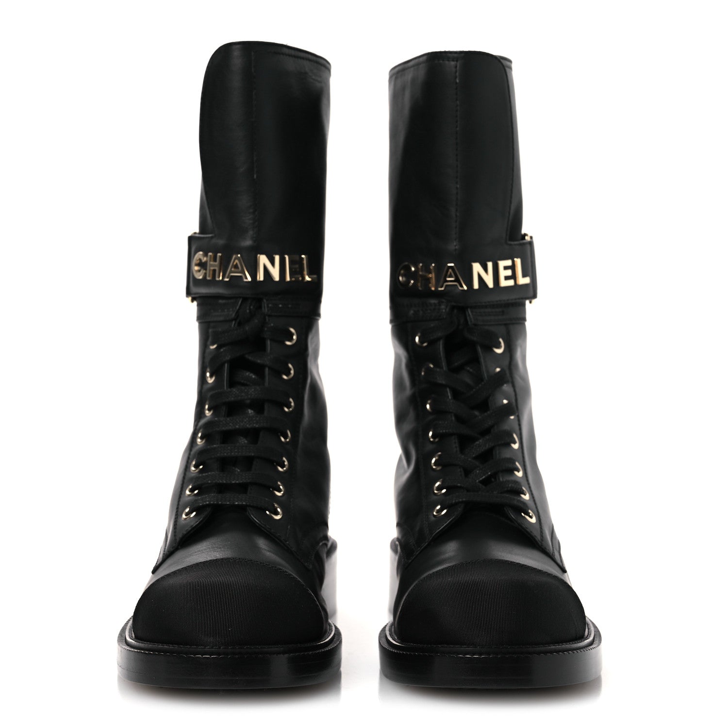 Chanel Calfskin Grosgrain Lace Up Combat Boots 38.5 Black 3 of 12
