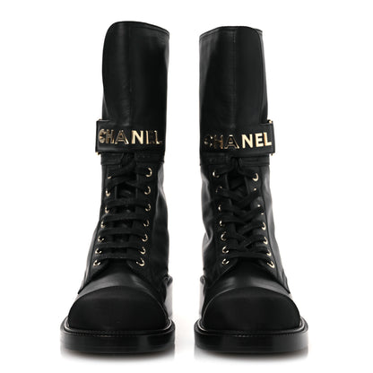 Chanel Calfskin Grosgrain Lace Up Combat Boots 38.5 Black 3 of 12