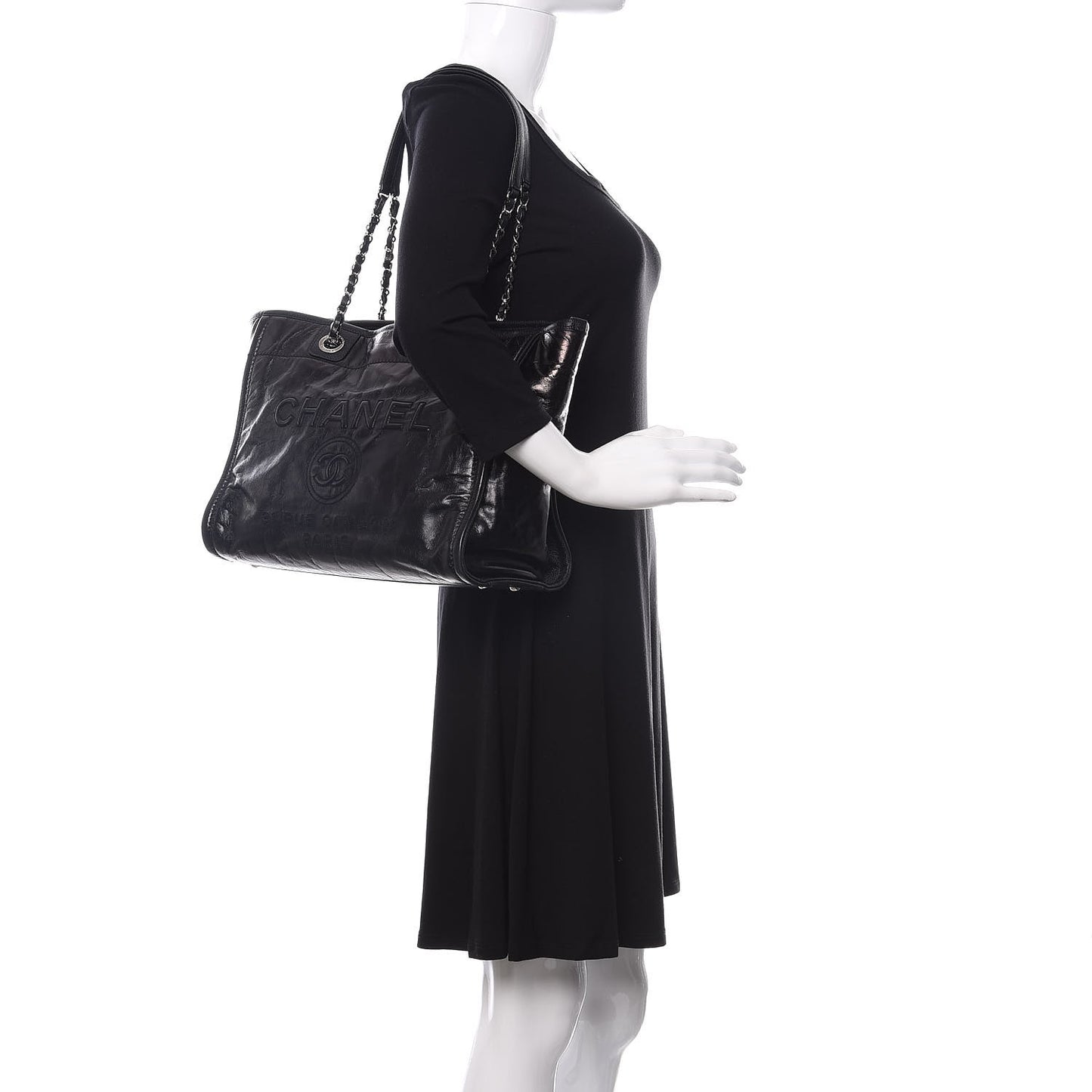 Glazed Calfskin Small Deauville Tote Black