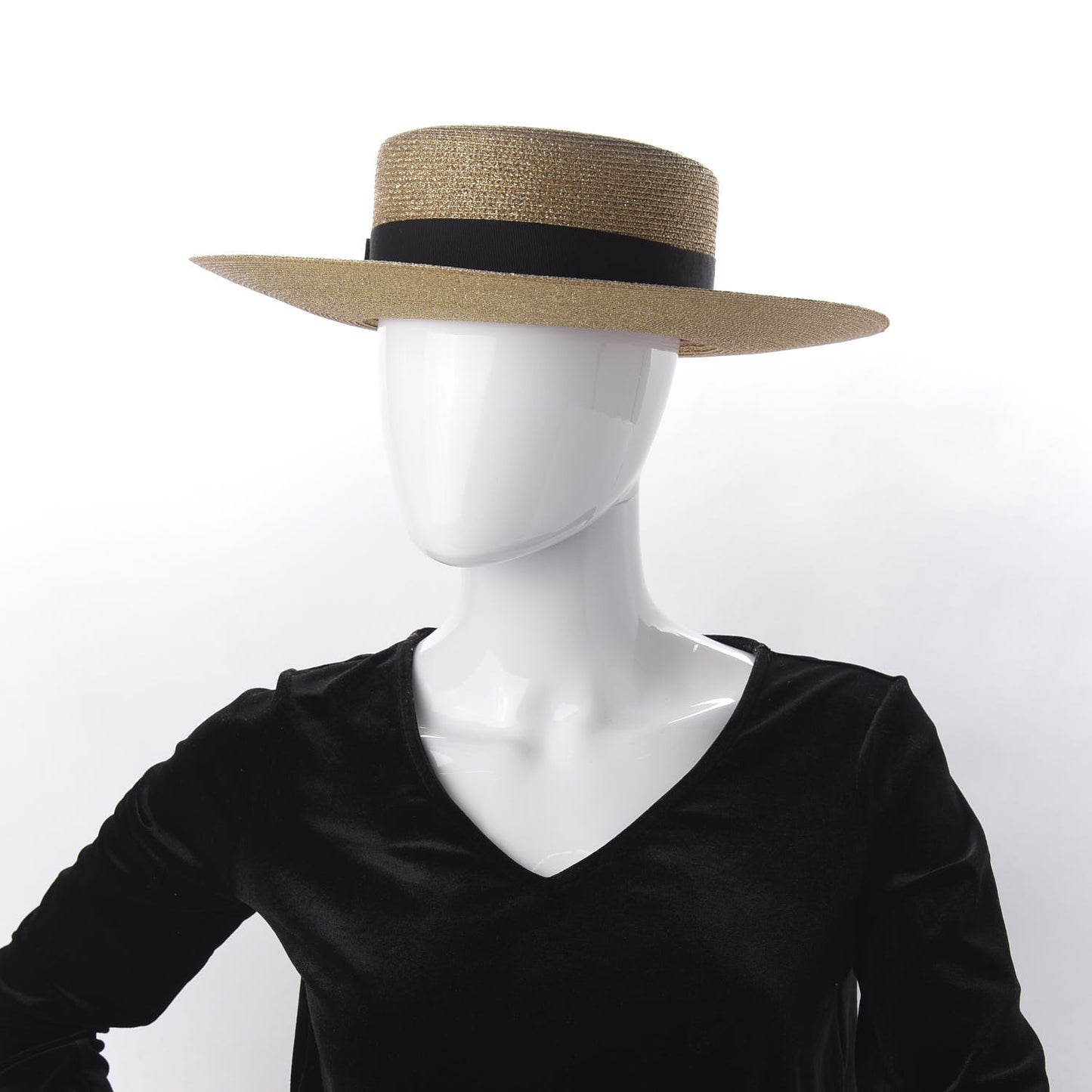 Glittered Straw Grosgrain Wide Brim Hat L Gold Black